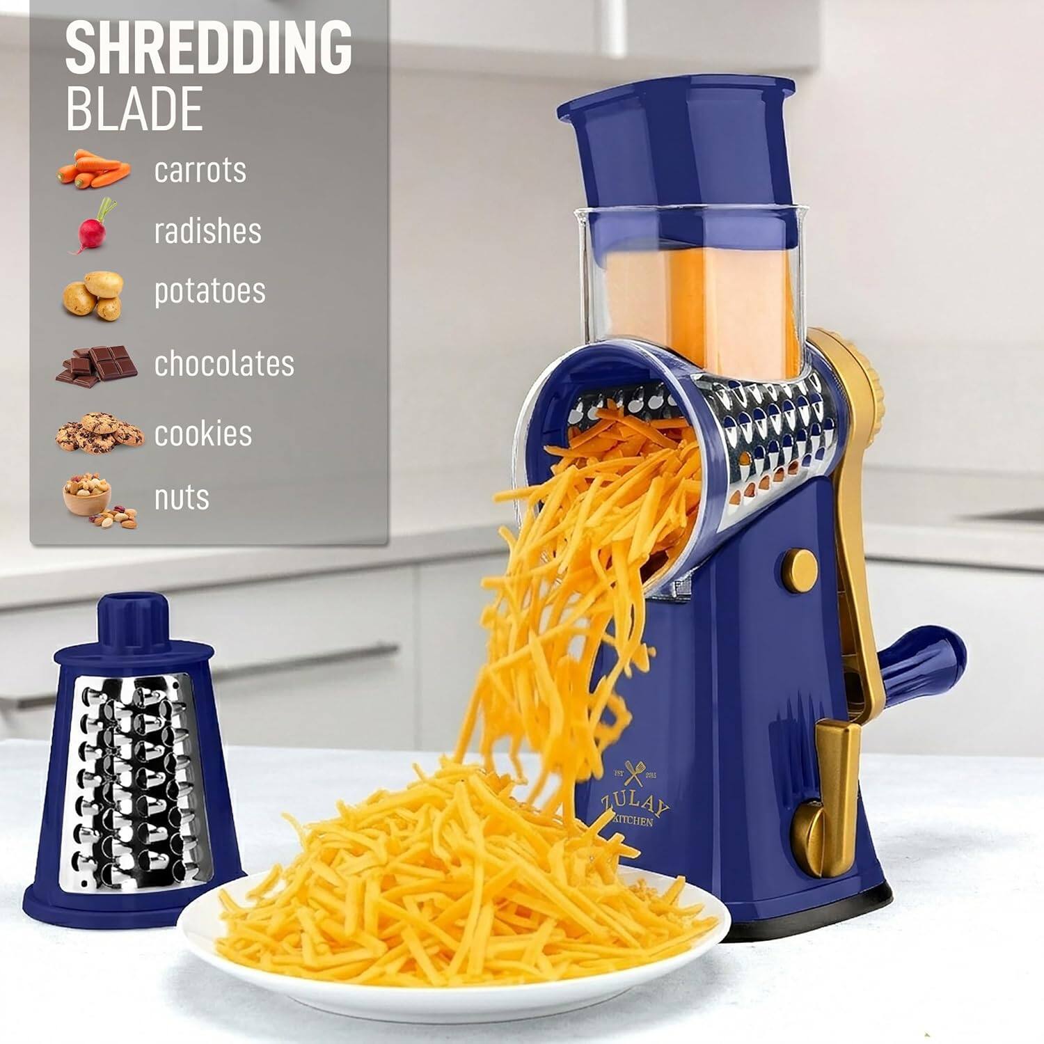 SHREDDING BLADE

- carrots
- radishes
- potatoes
- chocolates
- cookies
- nuts

1 x JULAP KITCHEN