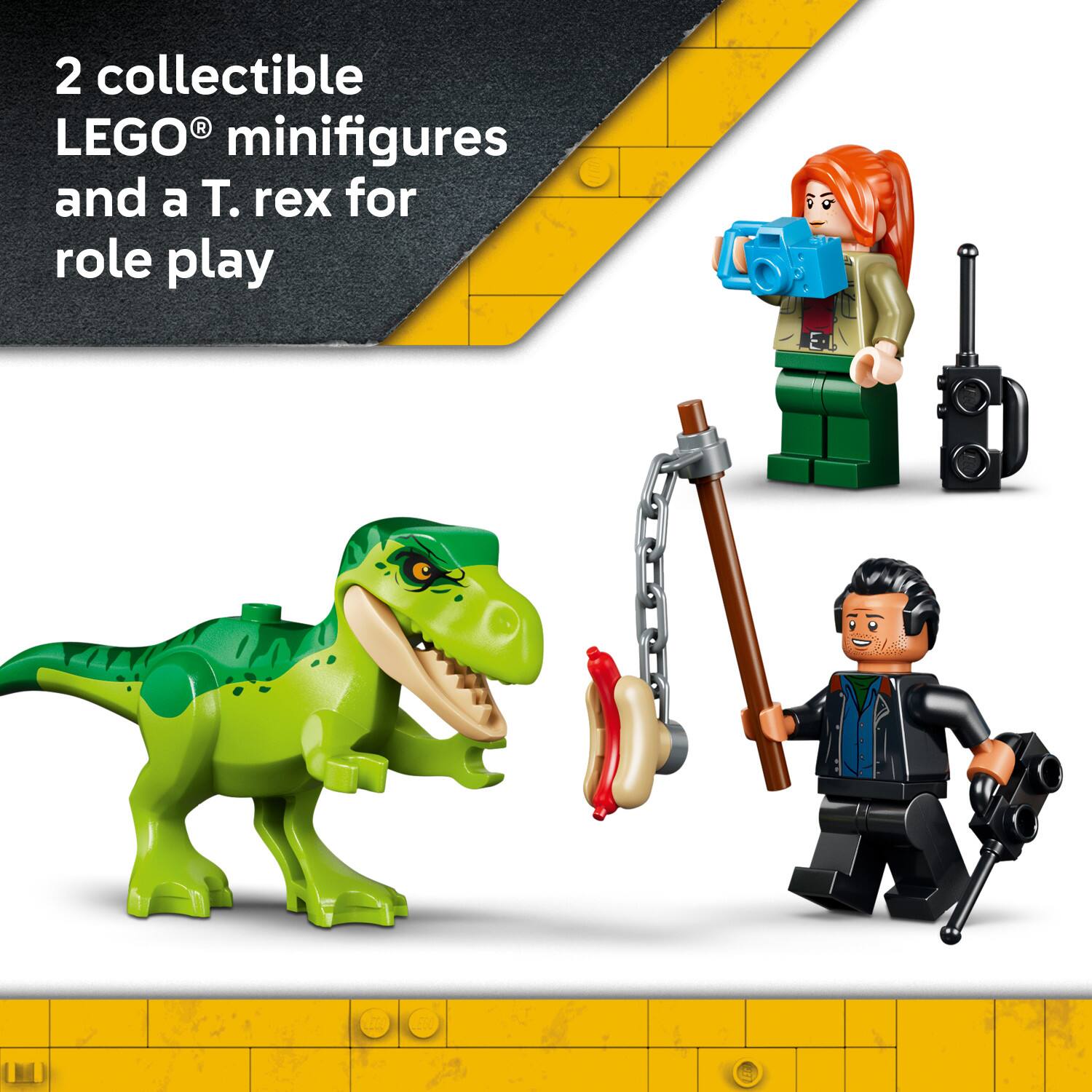 2 collectible LEGO® minifigures and a T. rex for role play