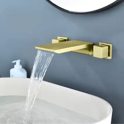 Front. Boyel Living - Brushed Gold Wall Mount Faucet SUS304 Waterfall Spout Brass Body Dual Handle 1/2NPT Thread - Brushed Gold.
