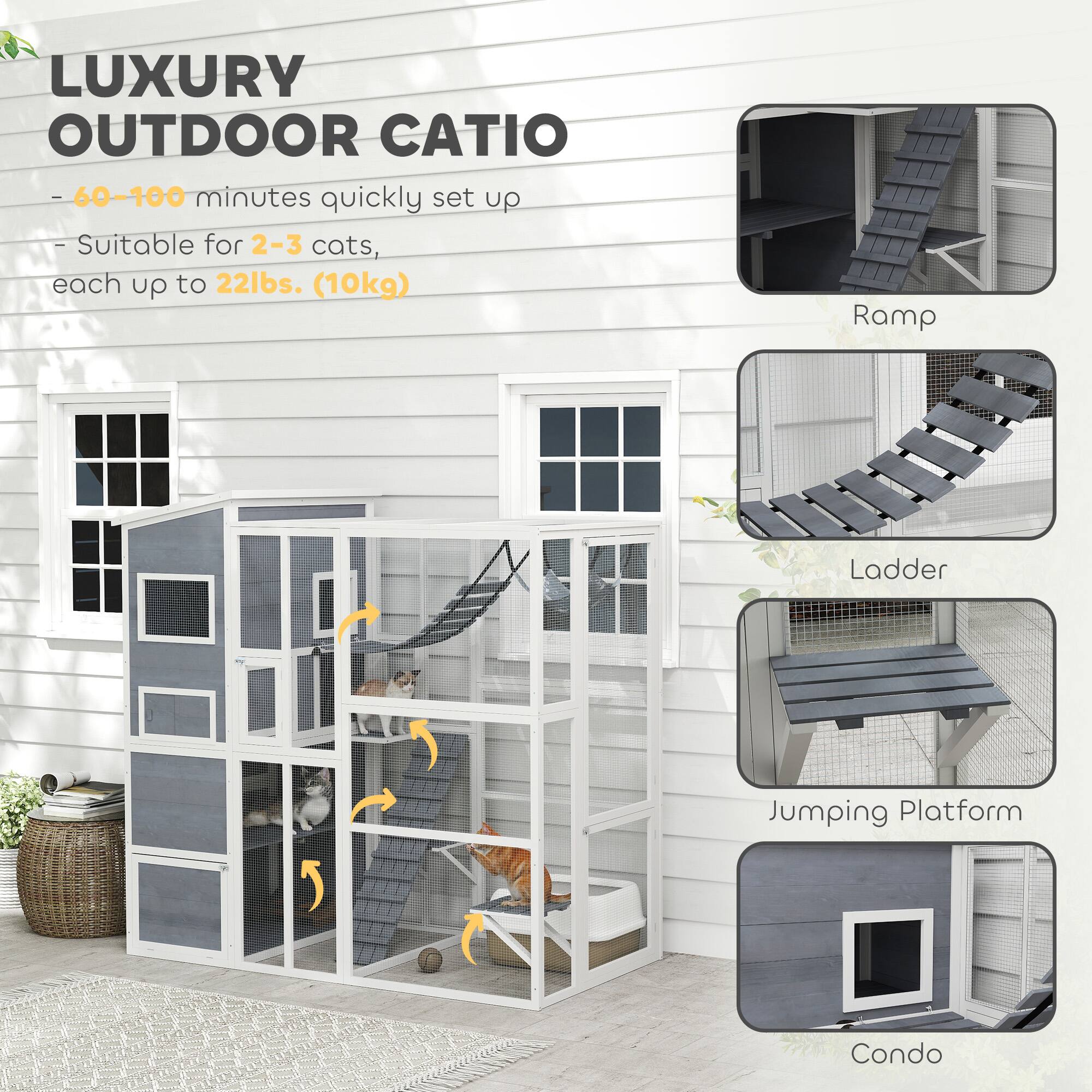 LUXURY OUTDOOR CATIO

- 60-100 minutes quickly set up
- Suitable for 2-3 cats, each up to 22lbs. (10kg)

Ramp  
Ladder  
Jumping Platform  
Condo