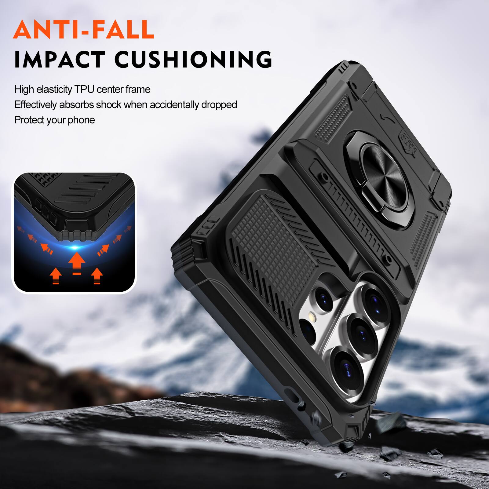 ANTI-FALL IMPACT CUSHIONING

High elasticity TPU center frame
Effectively absorbs shock when accidentally dropped
Protect your phone