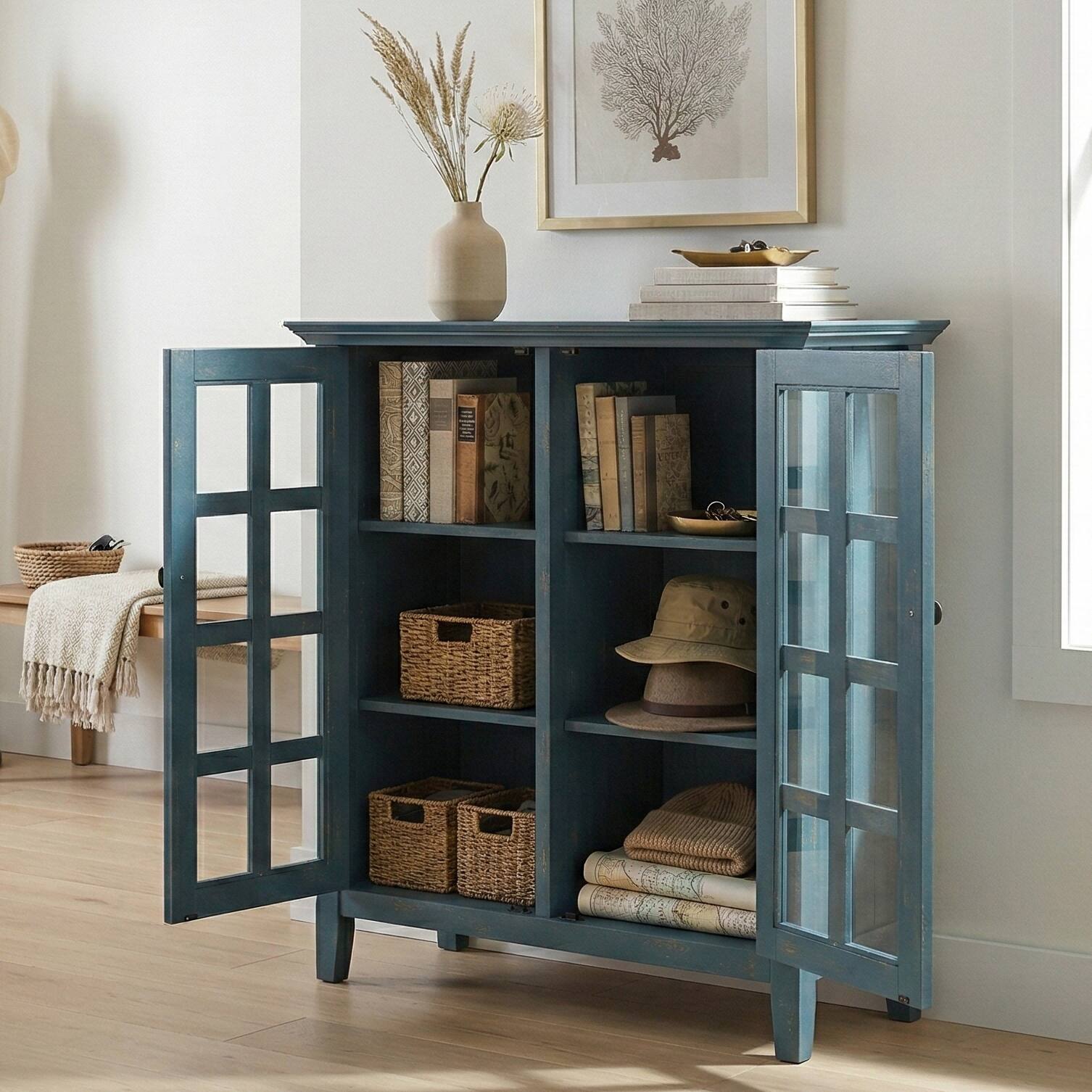 Angle. Simpli Home - Acadian Medium Storage Cabinet - Distressed Coastal Blue.