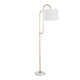 Loheer - 63 Inch Metal Floor Lamp with White Marble Base and Linen Shade for Living Room - Gold