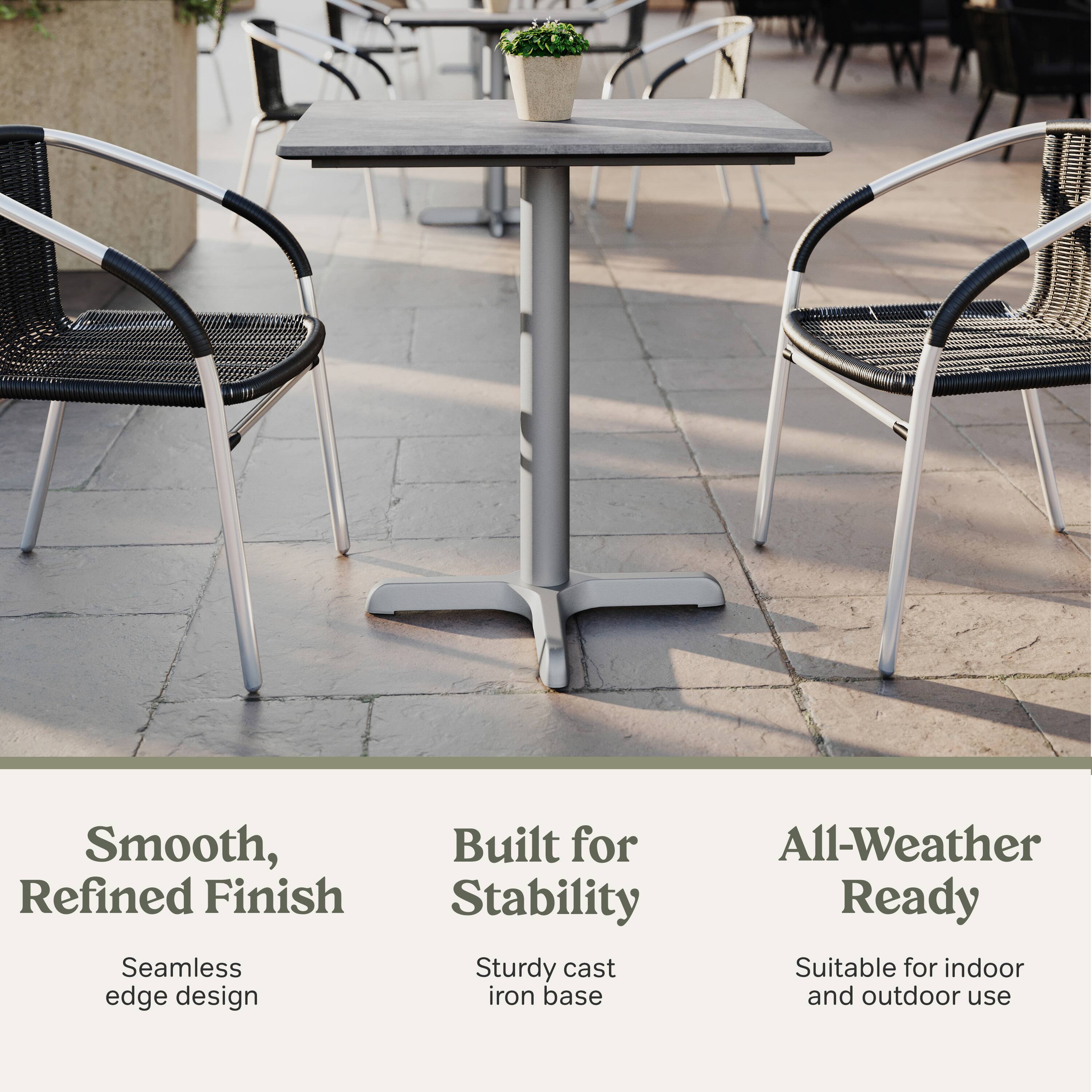 Smooth, Refined Finish  
Seamless edge design  

Built for Stability  
Sturdy cast iron base  

All-Weather Ready  
Suitable for indoor and outdoor use