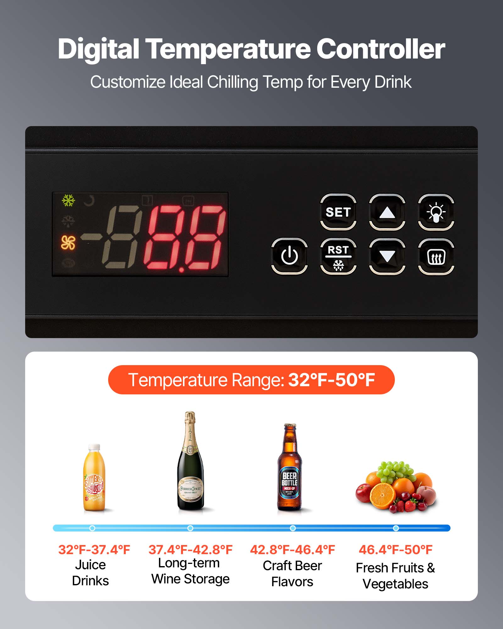 Digital Temperature Controller Customize Ideal Chilling Temp for Every Drink

-88.8 SET RST

Temperature Range: 32°F-50°F

- 32°F-37.4°F: Juice Drinks
- 37.4°F-42.8°F: Long-term Wine Storage
- 42.8°F-46.4°F: Craft Beer Flavors
- 46.4°F-50°F: Fresh Fruits & Vegetables