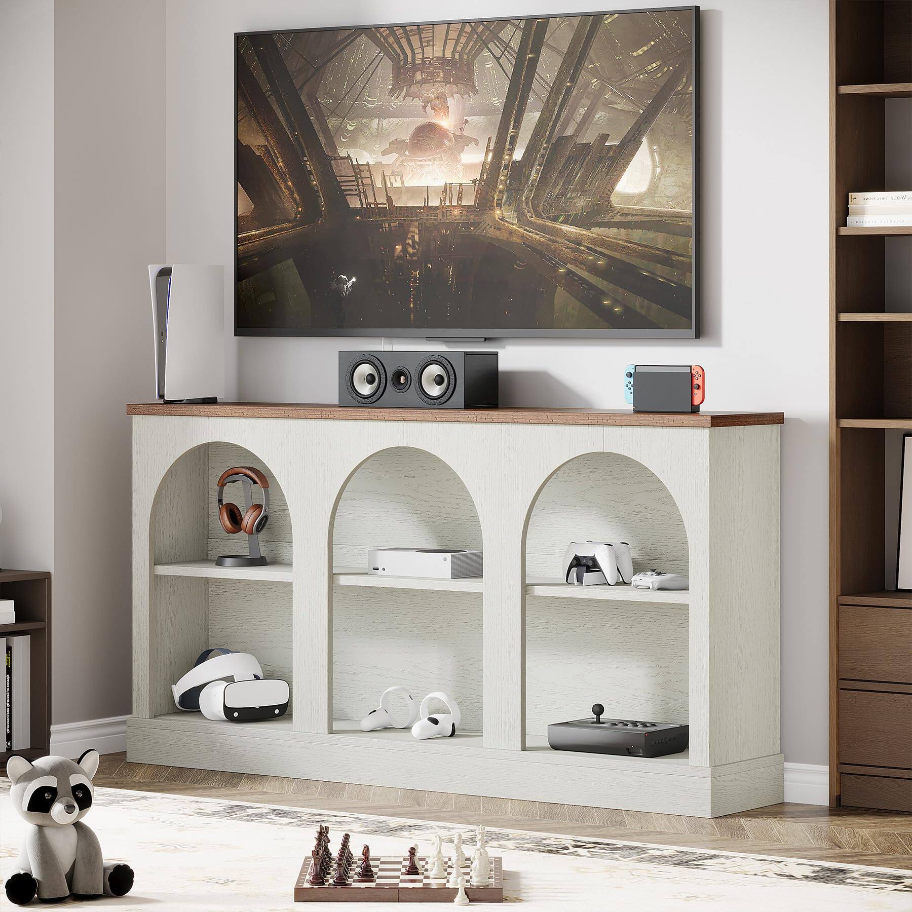 Left. Tribesigns - 63-Inch Arched Farmhouse TV Stand with 3 Open Storage Compartments for TVs up to 65 Inches - Off-white and Brown.