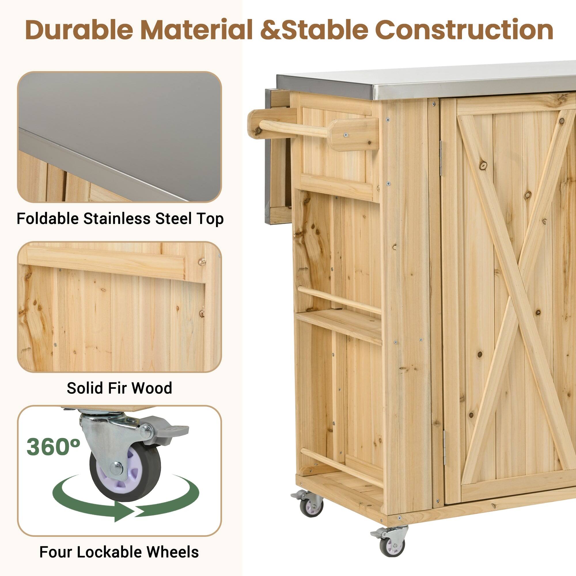 Durable Material & Stable Construction

Foldable Stainless Steel Top

Solid Fir Wood

360° Four Lockable Wheels