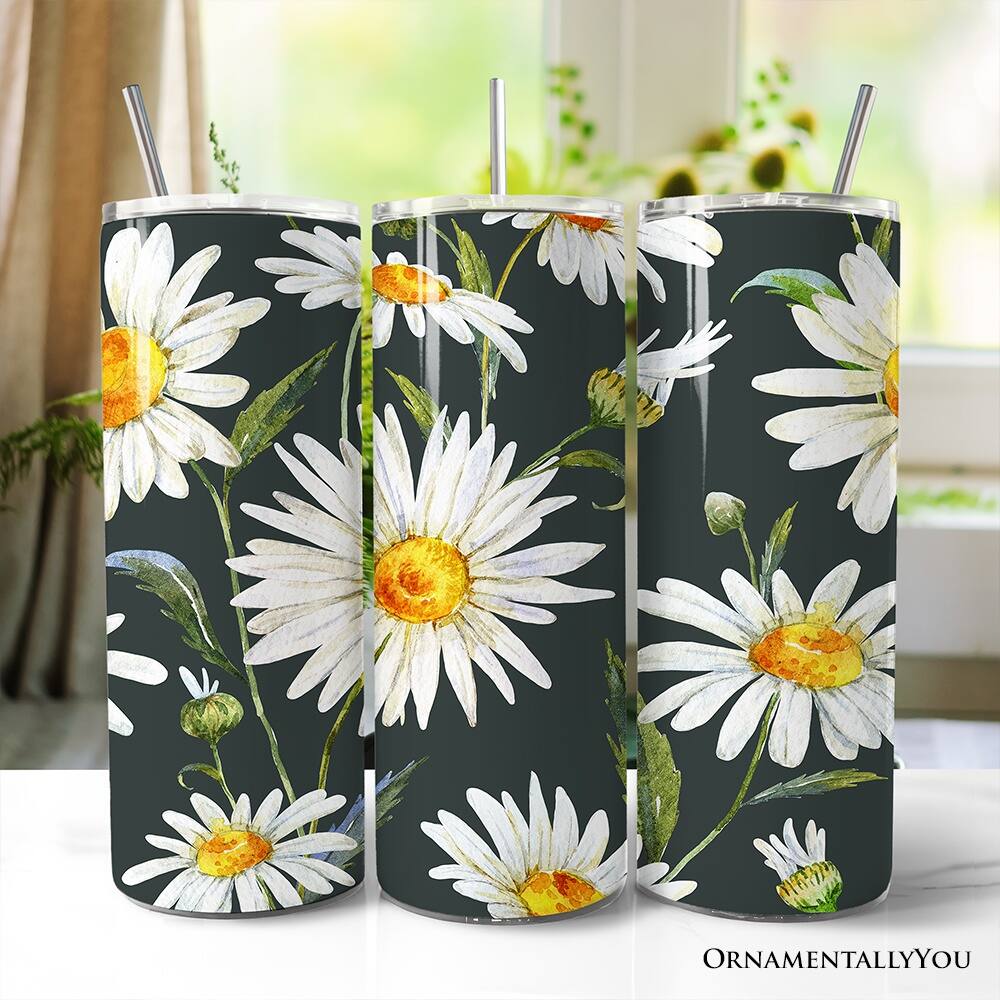 Left. OrnamentallyYou - White Daisy Flower Pattern 20oz Tumbler With Lid and Stainless Steel Straw - Multicolored.