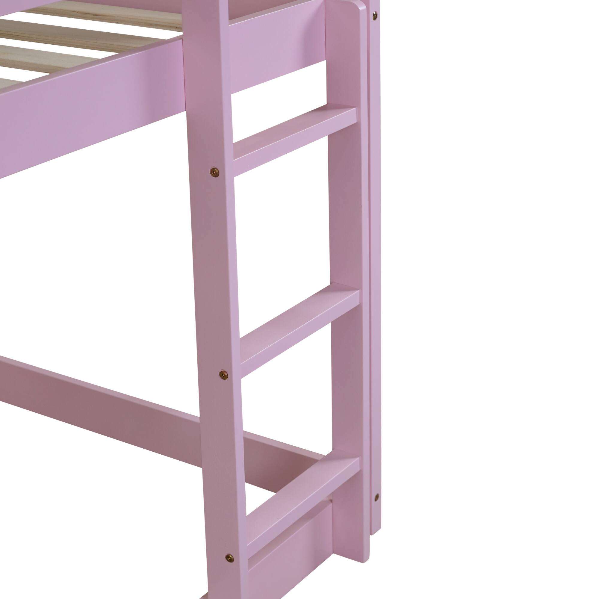 Alt View 2. GOODSILO - House-Shaped Twin Over Twin Rubber Wood Bunk Bed with Ladder and Guardrails for Kids - Pink.