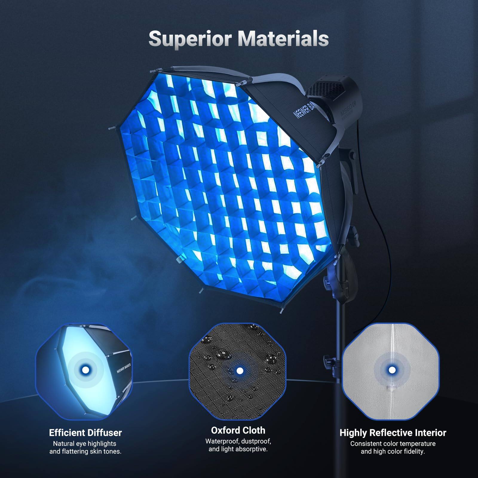 Superior Materials

Efficient Diffuser
Natural eye highlights and flattering skin tones.

Oxford Cloth
Waterproof, dustproof, and light absorptive.

Highly Reflective Interior
Consistent color temperature and high color fidelity.