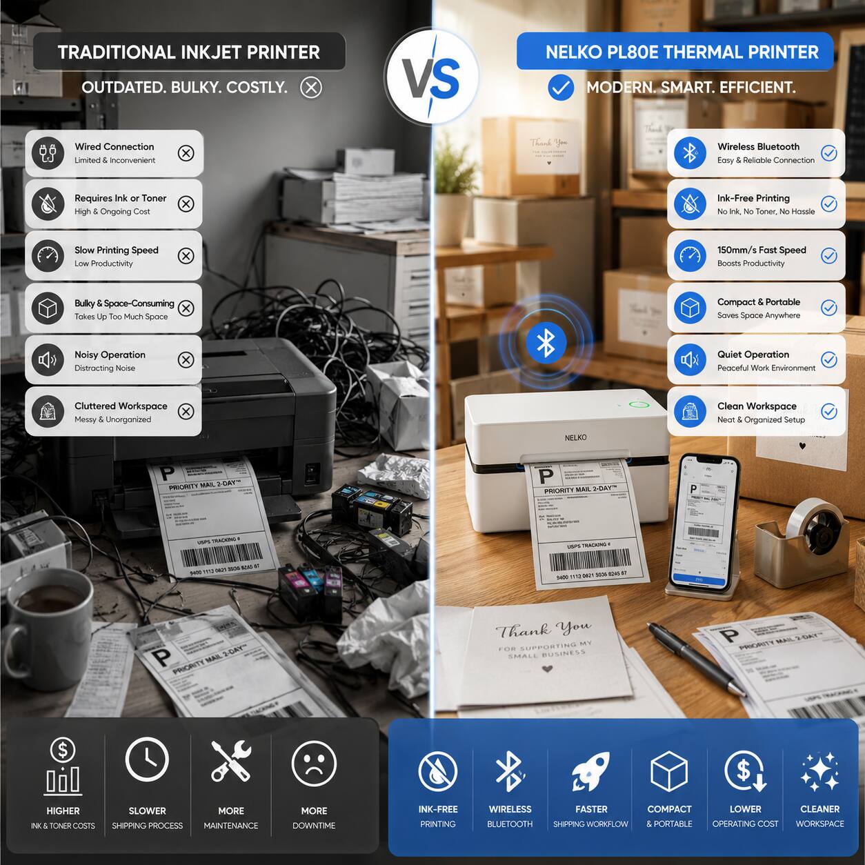 TRADITIONAL INKJET PRINTER  
OUTDATED. BULKY. COSTLY.  

VS  

NELKO PL80E THERMAL PRINTER  
MODERN. SMART. EFFICIENT.  

Wired Connection  
Limited & Inconvenient  

Requires Ink or Toner  
High & Ongoing Cost  

Slow Printing Speed  
Low Productivity  

Bulky & Space-Consuming  
Takes Up Too Much Space  

Noisy Operation  
Distracting Noise  

Cluttered Workspace  
Messy & Unorganized  

NELKO PL80E THERMAL PRINTER  

Wireless Bluetooth  
Easy & Reliable Connection  

Ink-Free Printing  
No Ink, No Toner, No Hassle  

150mm/s Fast Speed  
Boosts Productivity  

Compact & Portable  
Saves Space Anywhere  

Quiet Operation  
Peaceful Work Environment  

Clean Workspace  
Neat & Organized Setup  

HIGHER  
INK & TONER COSTS  

SLOWER  
SHIPPING PROCESS  

MORE  
MAINTENANCE  

MORE  
DOWNTIME  

INK-FREE PRINTING  

WIRELESS BLUETOOTH  

FASTER  
SHIPPING WORKFLOW  

COMPACT & PORTABLE  

LOWER  
OPERATING COST  

CLE