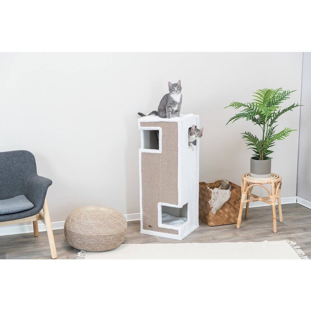 Angle. TRIXIE - Gerardo Plush & Sisal 3-Story 39.4" Cat Condo Tower with Removable Cushions - Brown/White.
