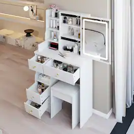 Loheer - 29.2 inch small vanity table with cushioned stool, touch control LED mirror and sliding drawer - White