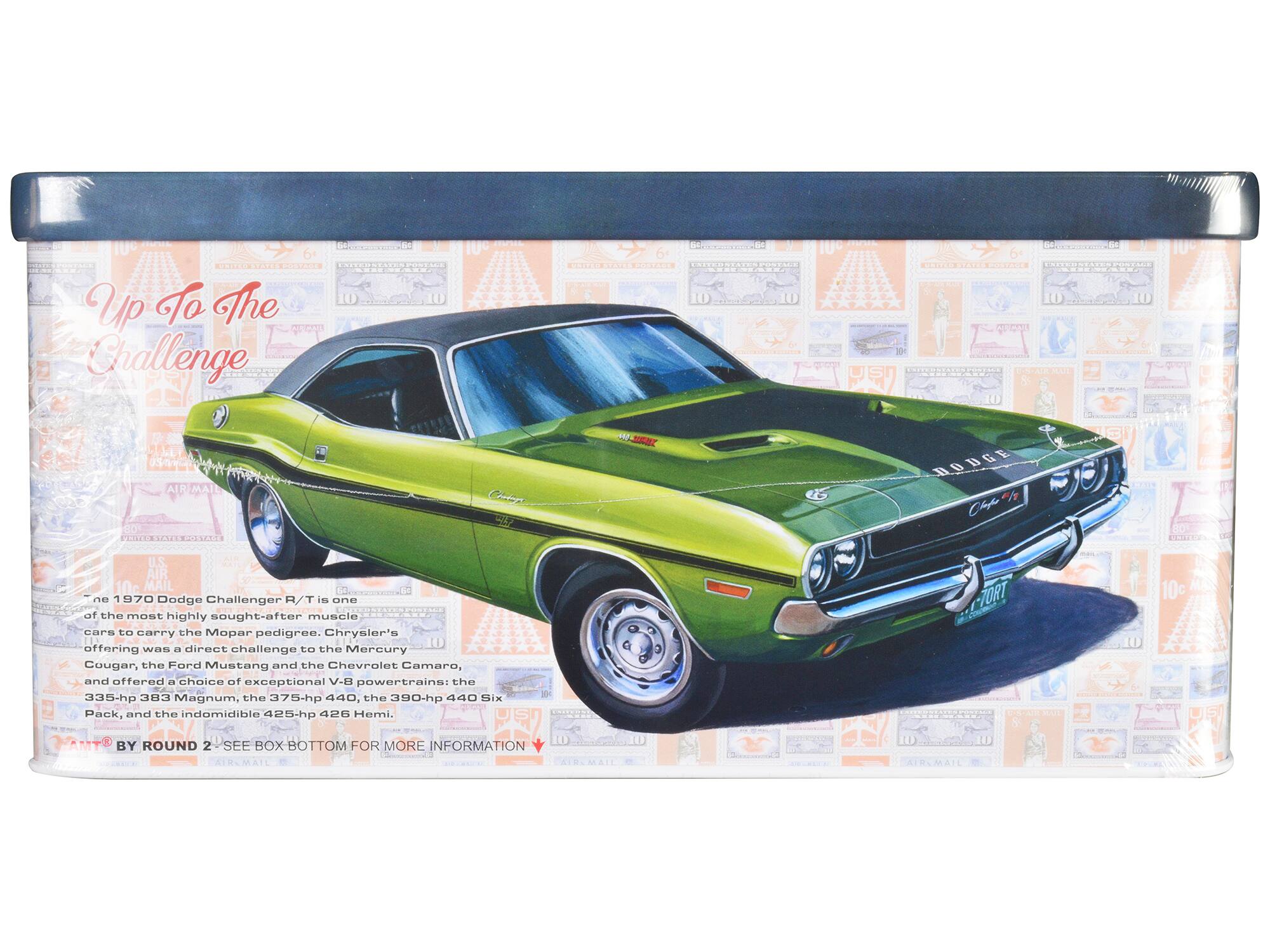 - d ... CON ES Up To The Challenge .. .ON. - R  PON 10 0 ONO | O HRCI 0 AUL 10 AIR MAIL PR0E CAr SSPRTS Coston CL SENE OUGE ChA JSI  PENITA U.S. AIR 10c MAIL ne 1970 Dodge Challenger R/T is one of the most highly sought-after muscle cars to carry the Mopar pedigree. Chrysler's offering was a direct challenge to the Mercury Cougar, the Ford Mustang and the Chevrolet Camaro, and offered a choice of exceptional V-8 powertrains: the 335-hp 383 Magnum, the 375-hp 440, the 390-hp 440 Six Pack, and the indomitable 425-hp 426 Hemi. NANT BY ROUND SEE BOX BOTTOM FOR MORE INFORMATION ATRCMAIL TORT HD AIREMAIL AOE 10 10c MAN

Corrected text:

- d ... CON ES Up To The Challenge .. .ON. - R  PON 10 0 ONO | O HRCI 0 A
