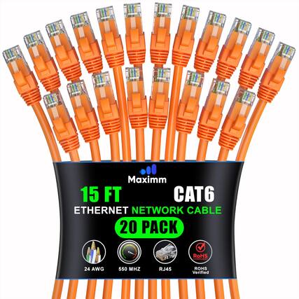Maxim 15 FT CAT6 Ethernet Network Cable 20 Pack
RoHS Compliant
24 AWG
550 MHz
RJ45
RoHS Verified