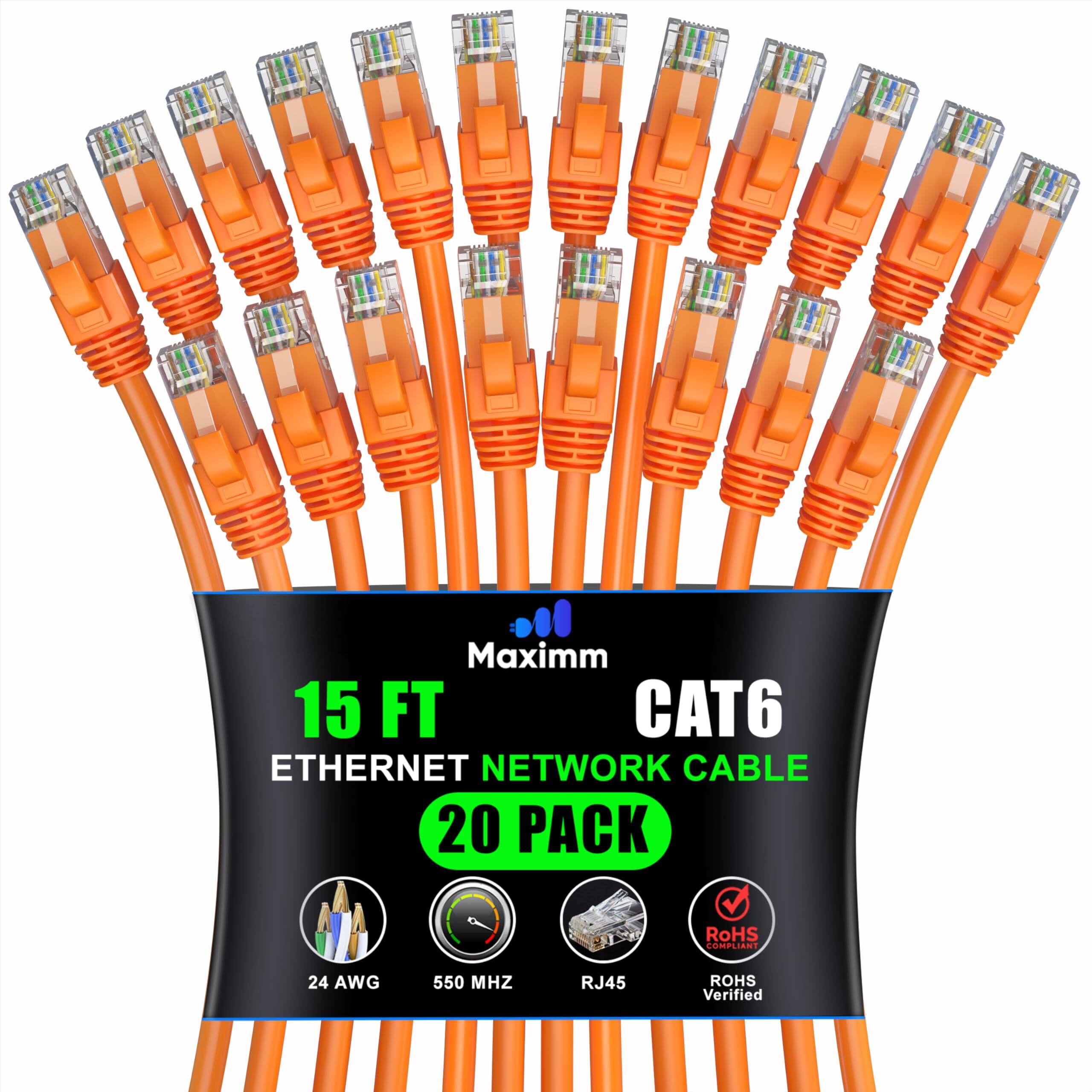Maxim 15 FT CAT6 Ethernet Network Cable 20 Pack  
RoHS Compliant  
24 AWG  
550 MHz  
RJ45  
RoHS Verified