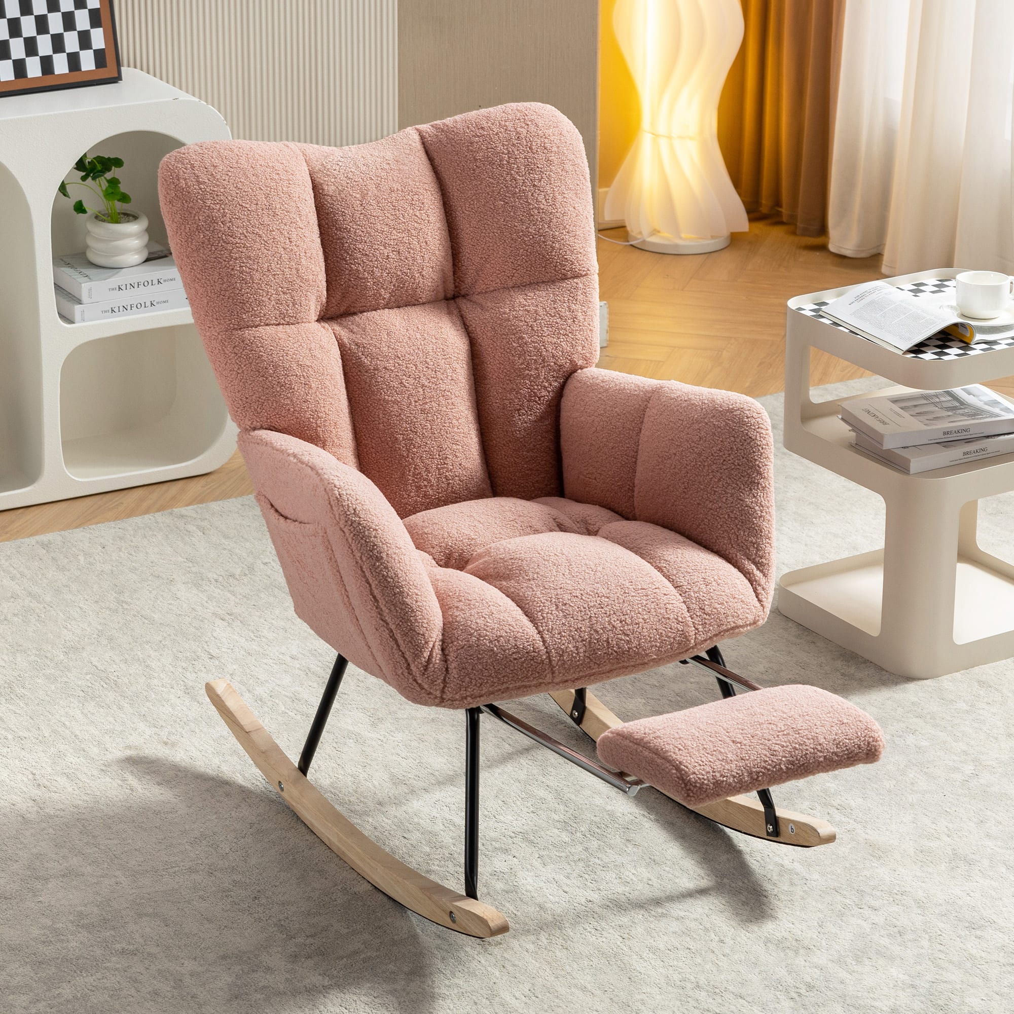 Anysun - Teddy Fabric Rocking Chair with Adjustable Footstool - High Back, Storage Pocket, Solid Wood & Metal Base - Pink