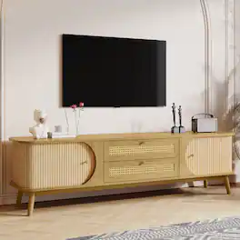 Z-Edge - Mid Century TV Stand for TVs up to 75 Inches, Entertainment Center with 2 Drawers, Fluted Sliding Doors for Living Room - Natural
