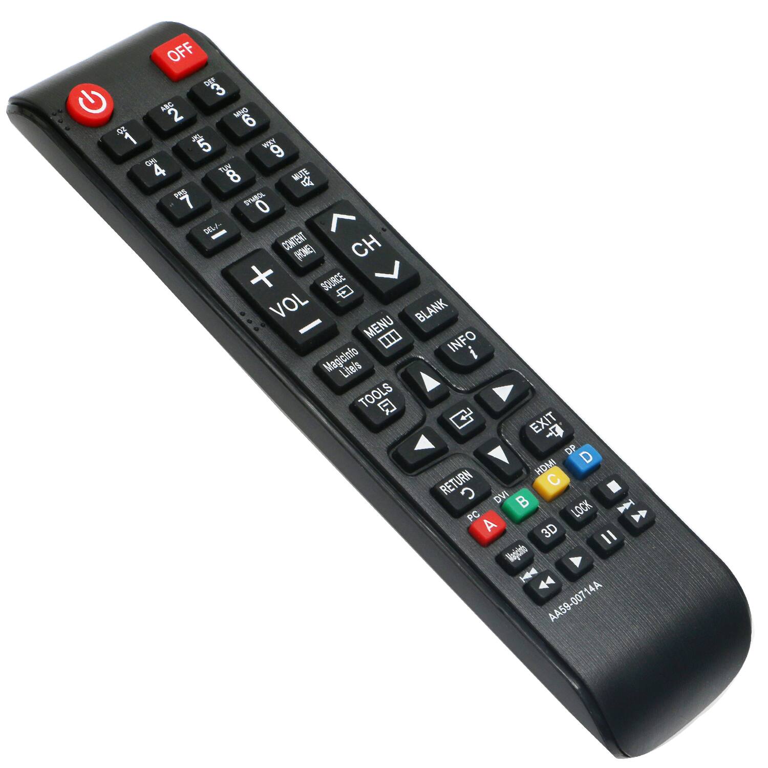 OFF DEE 3 G  2 MND 6 9 1 2 WEY 5  GH 4 Tw MUTE 8 B PS SYLBOL 7 0  CONTENT (HONE) CH + SOURCE  VOL BLANK - MENU  INFO Magicindo i Litels TOOLS  C EXIT 1 DP D HOMI RETURN C  DVI  LOCK  > PC A 3D  Vapcnio | 44 AA59-00714A