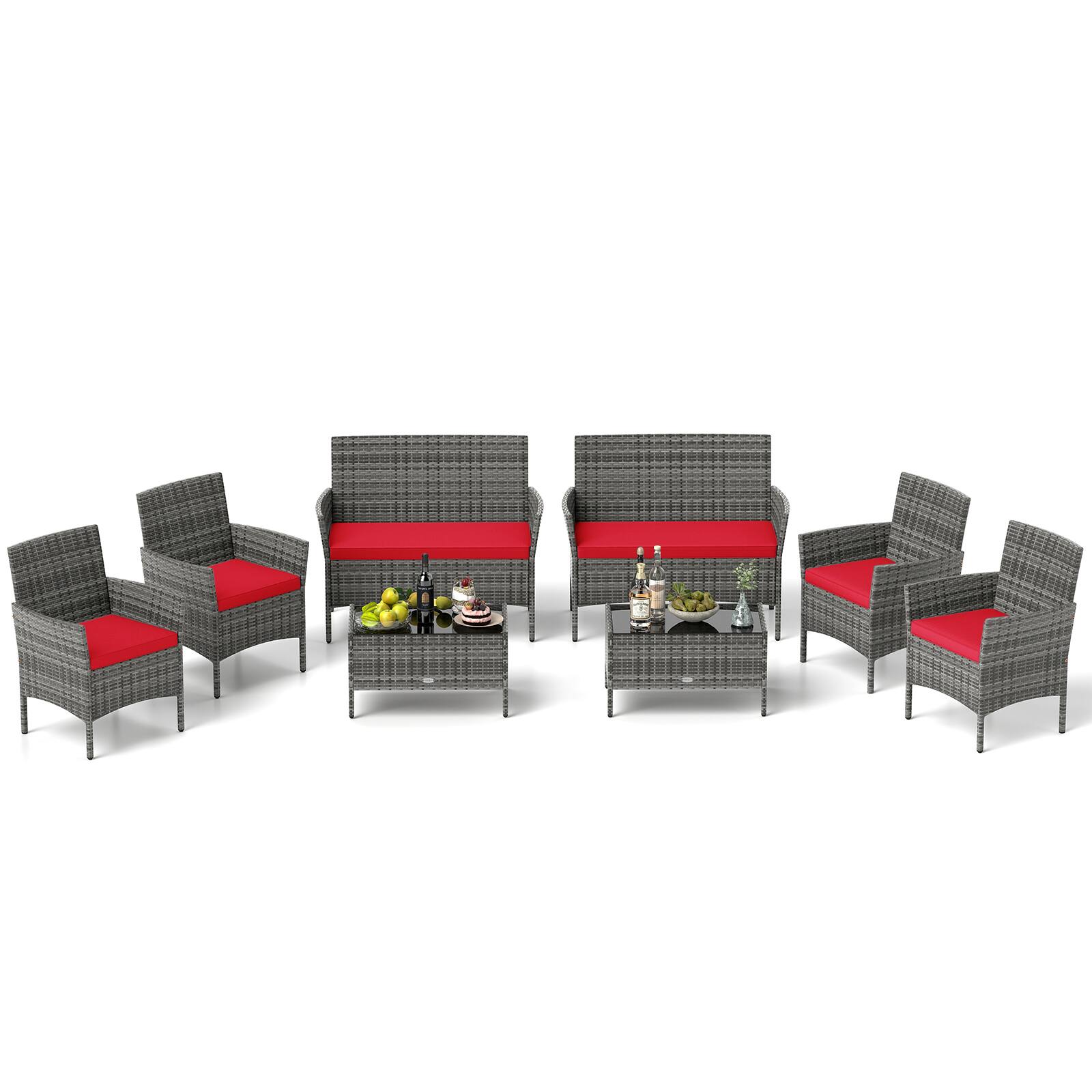 Gymax - Set Of 8 Patio Furniture Set w/Washable Cushions & Tempered Glass Coffee Table Red - Mix Gray, Red price history on PriceWatchPro