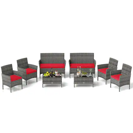Front. Gymax - Gymax Set Of 8 Patio Furniture Set w/Washable Cushions & Tempered Glass Coffee Table Red - Mix Gray, Red.