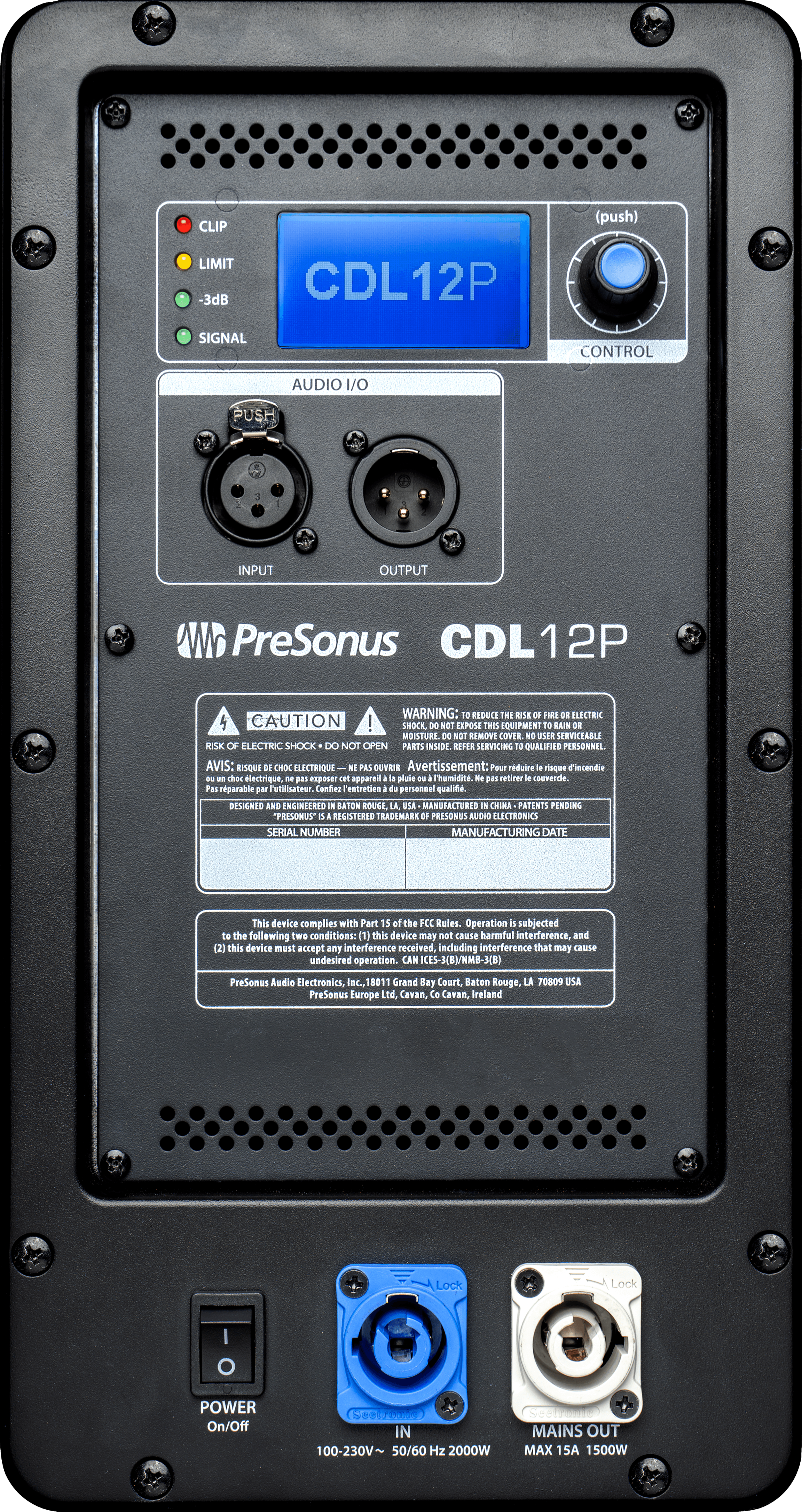 CLIP (push) LIMIT -3dB CDL12P SIGNAL CONTROL AUDIO I/O NPUT OUTPUT PreSonus CDL12P

WARNING: 0 REDUCE THE RISE OF FIRL OR ELECTRIC 4 CAUTION ! SHOCK DO NOT EXPOSE THIS EQUIPMENT 13 RAIN OR MDISTURE DO NOT REMOVE COVER NO SER SERVICEABLE RISK OF ELECTRIC SHOCK DO NOT OPEN PARTS INSIDE R SERVICING 3 QUALIZIED PERSONNEL. AVIS: RISQUE DF CHC ELECTRIQUE NE PAS DUVEIR Avertissement: Pour rduire le risque riecendie - a. chac electrique, D pa expeser crt apparell la plaie - Thumidite Ne pes retirer le couverde. Pas rparable par Tutilisateur. Confez l'entretien du personnel qualit. DESIGNEO AMD ENGINEERED - BATON ROUGE LA. USA MANUFACTURED I CHINA PATENTS PENDING "PRESONUS" i RSISTIRD TRADEMARK DI PRESONUS AUDIO ELECTRONICS SERIAL NUMBER MANUFACTURING DATE

This device complies with Part 15 of the FCC Rules. Operation