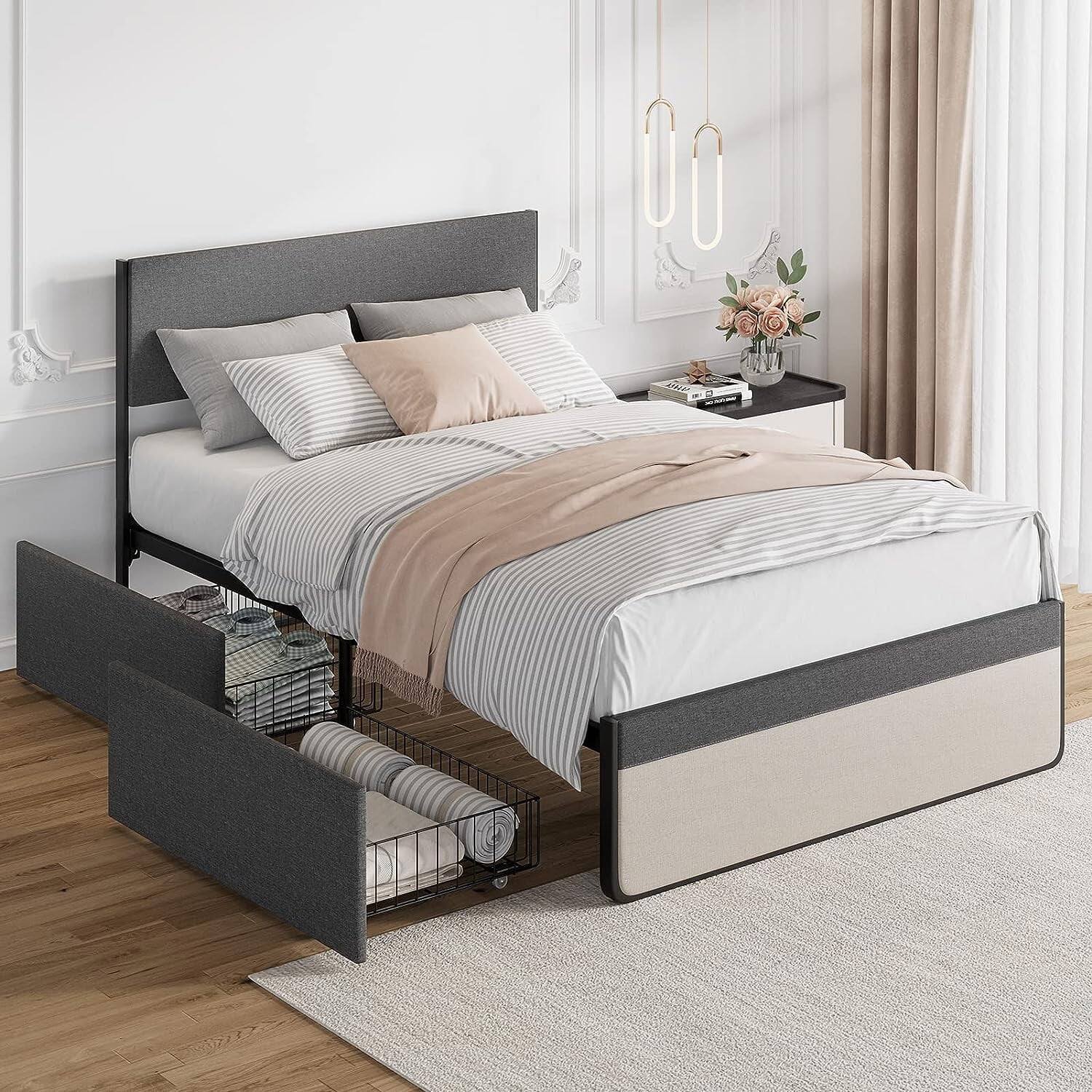 Front. Qeetex - Queen Size Upholstered Platform Bed Frame with Adjustable Headboard and 2 Drawers - Steel Slat Support  No Box Spring Ne - As Shown.