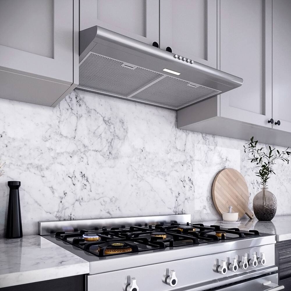 Back. Streamline - 30 in. Moncalieri Ductless Undermount 80 CFM Range Hood, Mesh Filters, Push Button Control, LED Light - Brushed Stainless Steel.