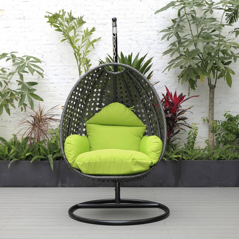 Back. LeisureMod - LeisureMod Charcoal Wicker Outdoor Egg Swing Chair with Steel Stand - UV & Rust Resistant Single Seat for Patio - Light Green.