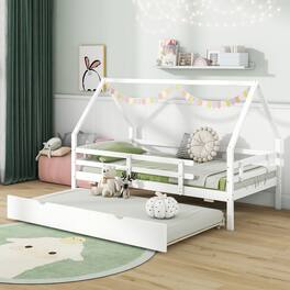 Gymax - Twin Size House Bed w/ Trundle Wooden Kids Bed w/ Safety Rails & Decorable Roof - White