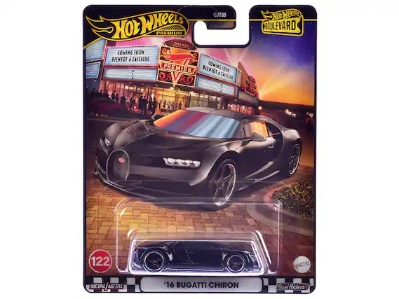 Sure, here is the corrected and grouped text from the image:
---
**Hot Wheels Premium**
**Boulevard**
**GJT68**
**Coming Soon / Bientôt à l'affiche**
**Premier**
**122**
**'16 Bugatti Chiron**
**Metal/Metal**
**Real Riders**
**Mattel**
---
This text is organized based on the layout and design elements visible on the packaging.