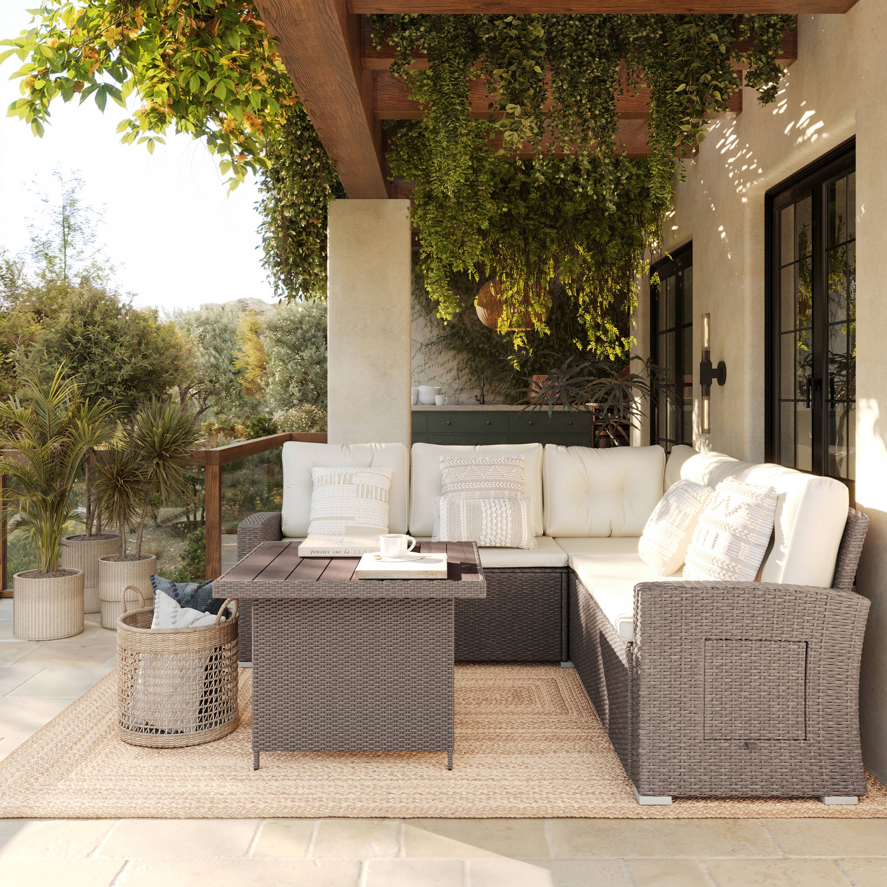 Alt View 2. Flash Furniture - Huck Indoor/Outdoor Wicker Rattan Conversation Set, L-Shaped Sofa with Dining Table, Weather Resistant Cushions, Beige a - Brown.