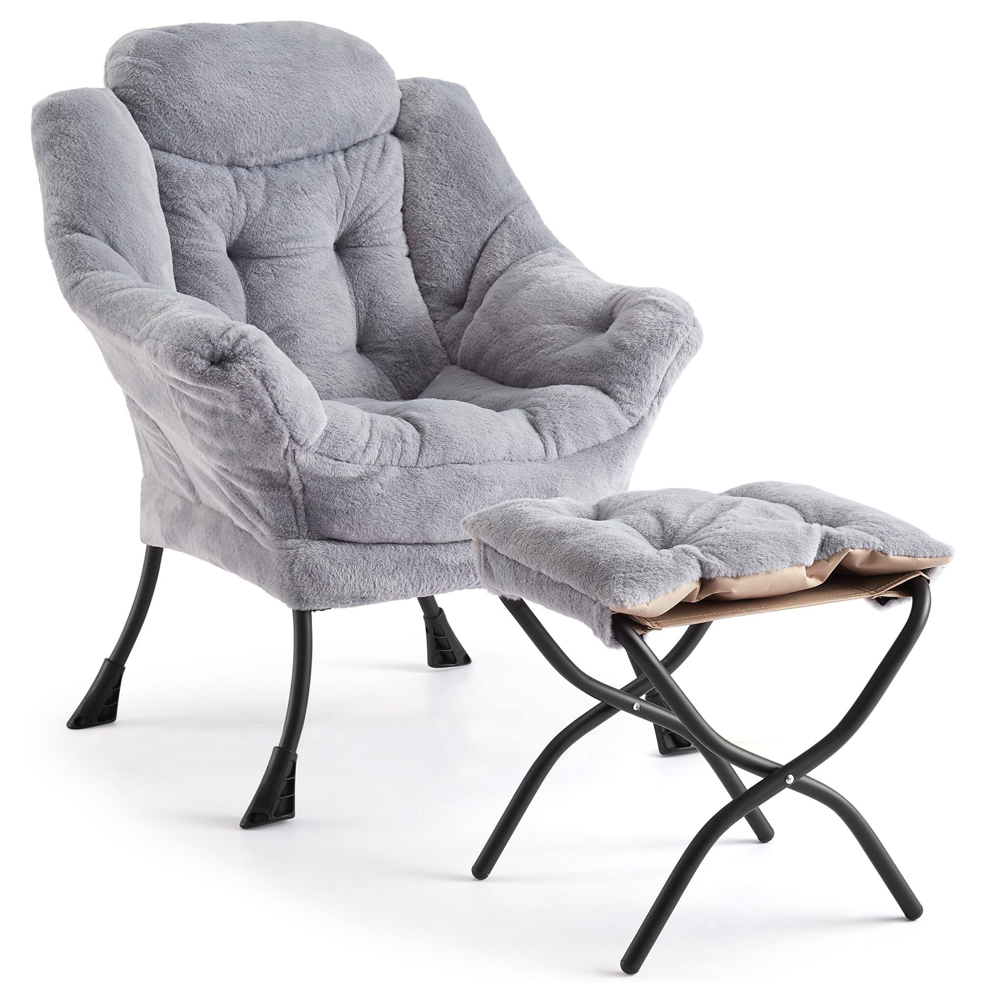Front. Babevy - Lazy Chair with Ottoman, Modern Lounge Accent Chair, Leisure Sofa Armchair with Footrest & Side Pocket - Plush Gray.