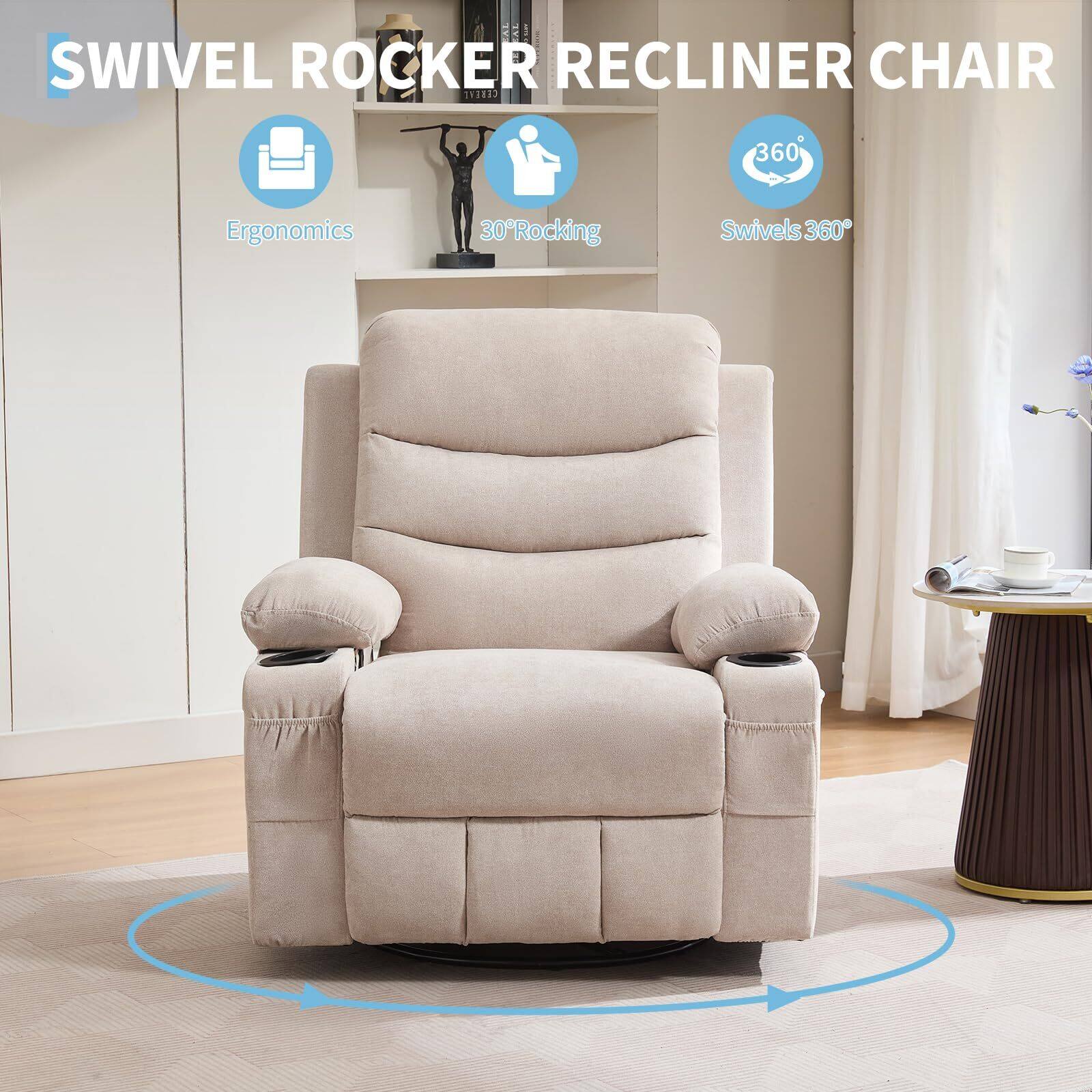 SWIVEL ROCKER RECLINER CHAIR

- Ergonomics
- 30° Rocking
- Swivels 360°