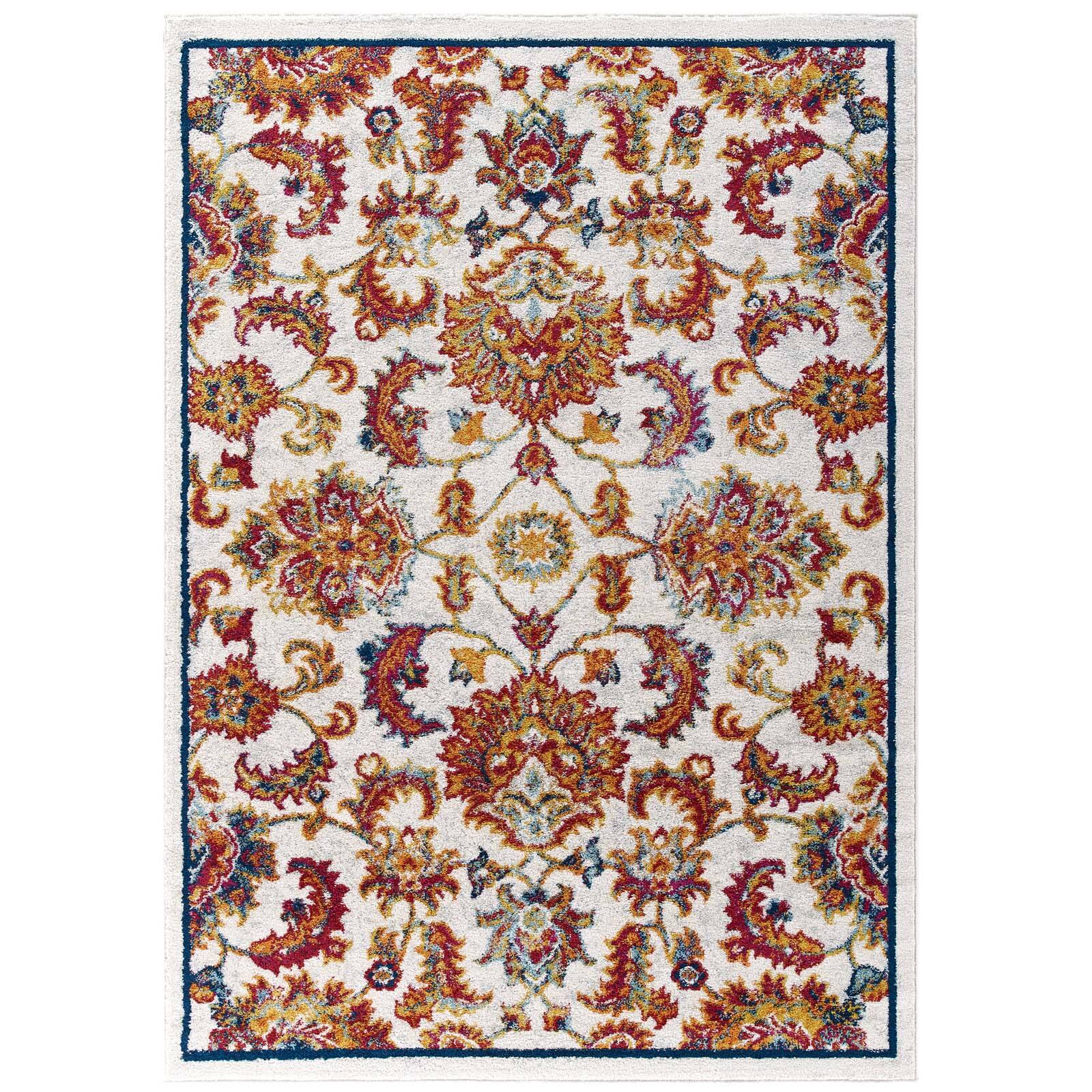 Angle. Modway - Entourage Azami Distressed Vintage Floral Lattice Area Rug - Ivory Blue Orange Yellow Red.