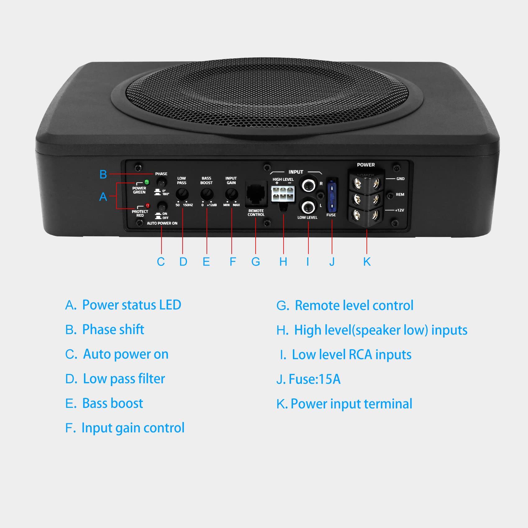 A. Power status LED  
B. Phase shift  
C. Auto power on  
D. Low pass filter  
E. Bass boost  
F. Input gain control  
G. Remote level control  
H. High level(speaker low) inputs  
I. Low level RCA inputs  
J. Fuse:15A  
K. Power input terminal