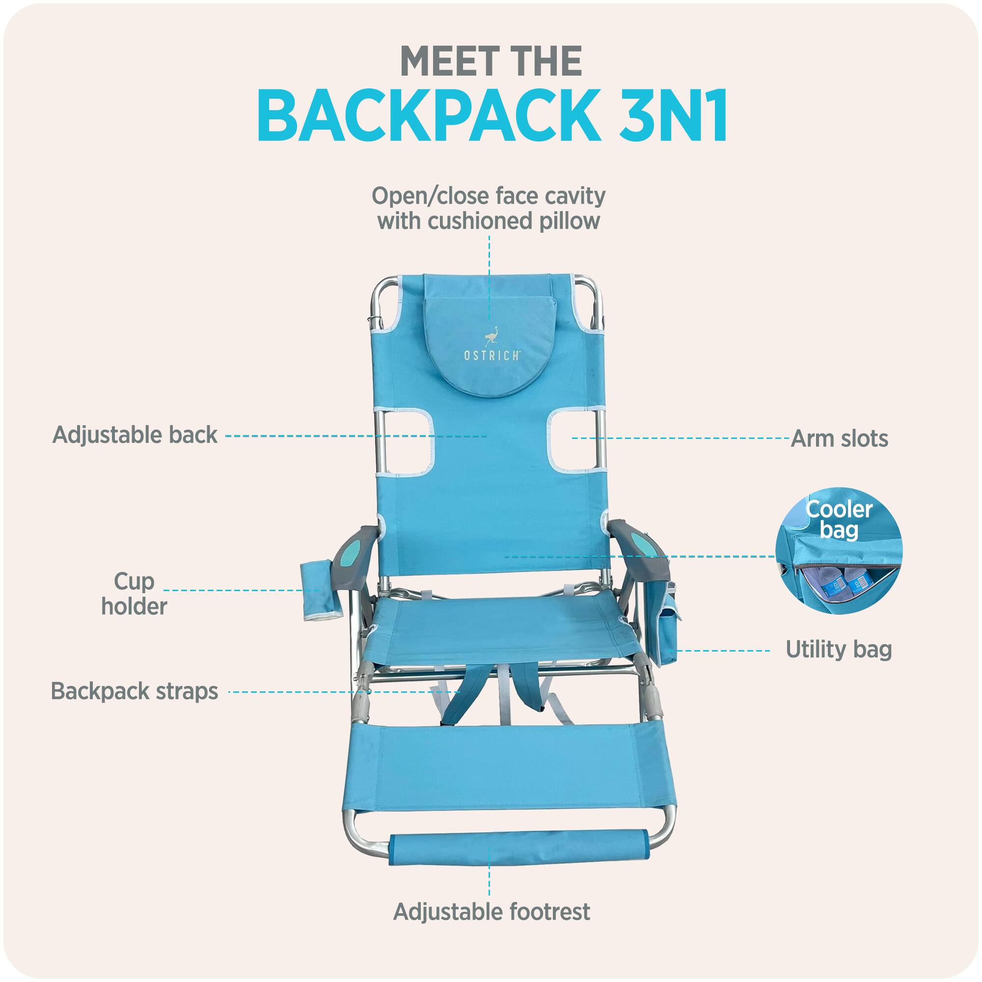 MEET THE BACKPACK 3N1

- Open/close face cavity with cushioned pillow
- Adjustable back
- Arm slots
- Cooler bag
- Cup holder
- Utility bag
- Backpack straps
- Adjustable footrest