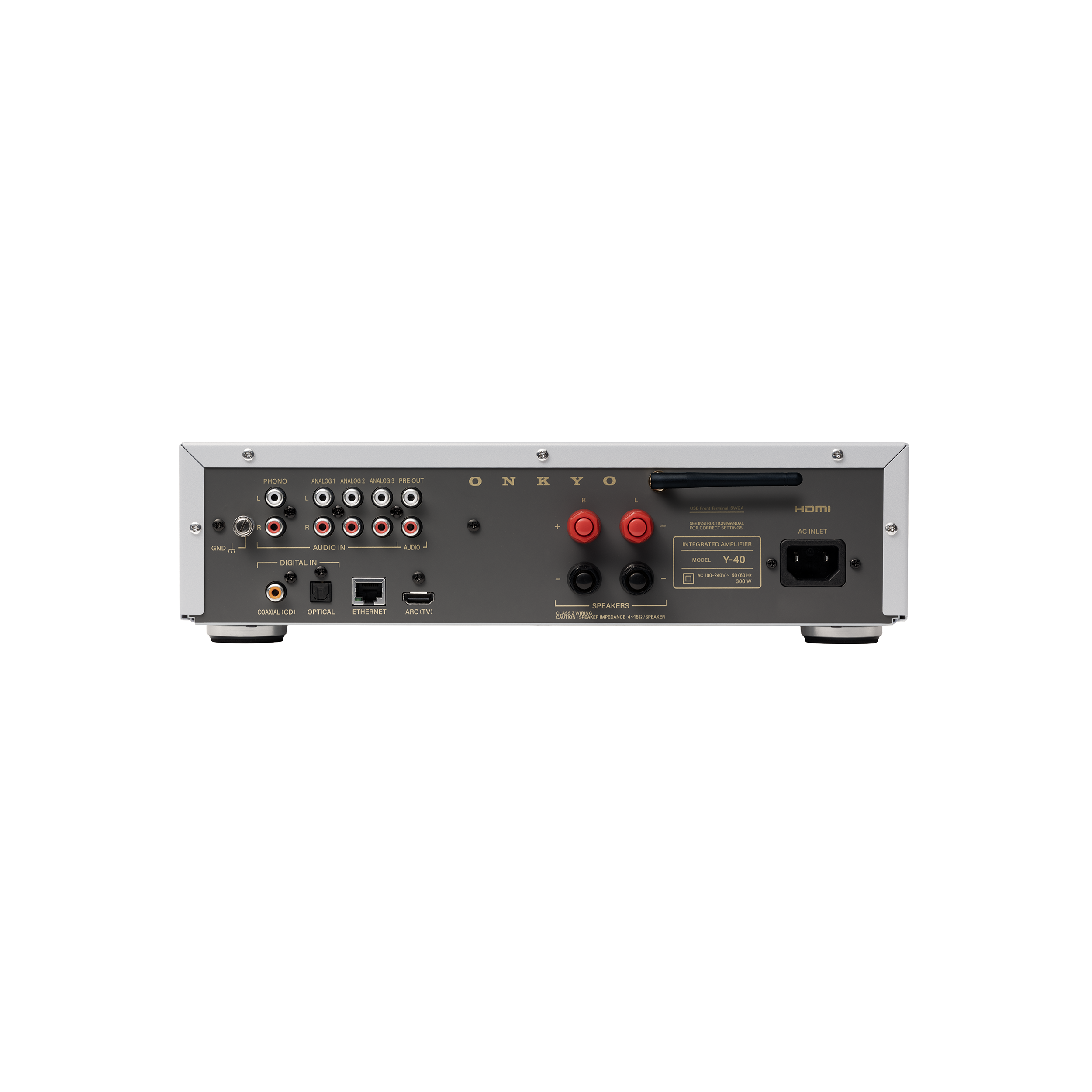 ONKYO  
MODEL: Y-40  
AC INLET  
INTEGRATED AMPLIFIER  
DIGITAL IN  
COAXIAL / OPTICAL  
ETHERNET  
ARC TV  
SPEAKERS  
HDMI  
PHONO  
VIDEO IN  
VIDEO OUT  
DIGITAL OUT  
REMOTE CONTROL  
ON / OFF  
VOLUME  
TUNING  
BASS  
TREBLE  
BALANCE  
MONITOR  
PHONO L / R  
VIDEO L / R  
DIGITAL IN  
COAXIAL / OPTICAL  
ETHERNET  
ARC TV  
SPEAKERS  
HDMI  
PHONO  
VIDEO IN  
VIDEO OUT  
DIGITAL OUT  
REMOTE CONTROL  
ON / OFF  
VOLUME  
TUNING  
BASS  
TREBLE  
BALANCE  
MONITOR