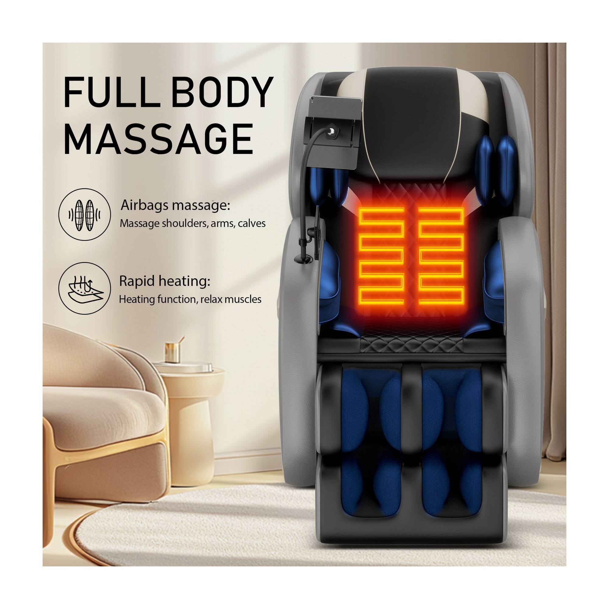FULL BODY MASSAGE

Airbags massage: Massage shoulders, arms, calves

Rapid heating: Heating function, relax muscles