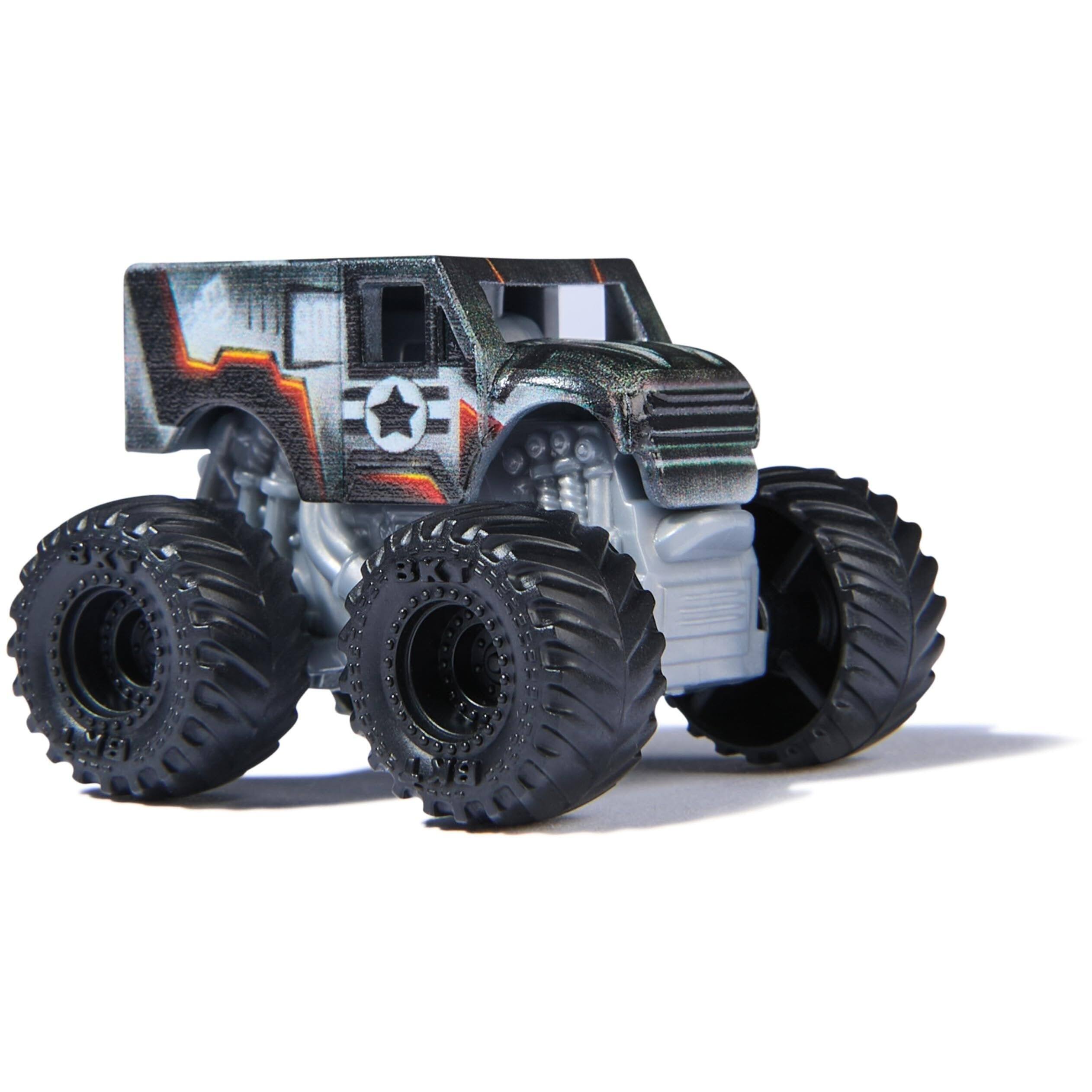 Angle. Monster Jam - 3-Pack Mini Die-Cast Monster Trucks 1:87 Scale Featuring Thor, Black Panther & Iron Man, BKT Tires, Collector Display - Multi.