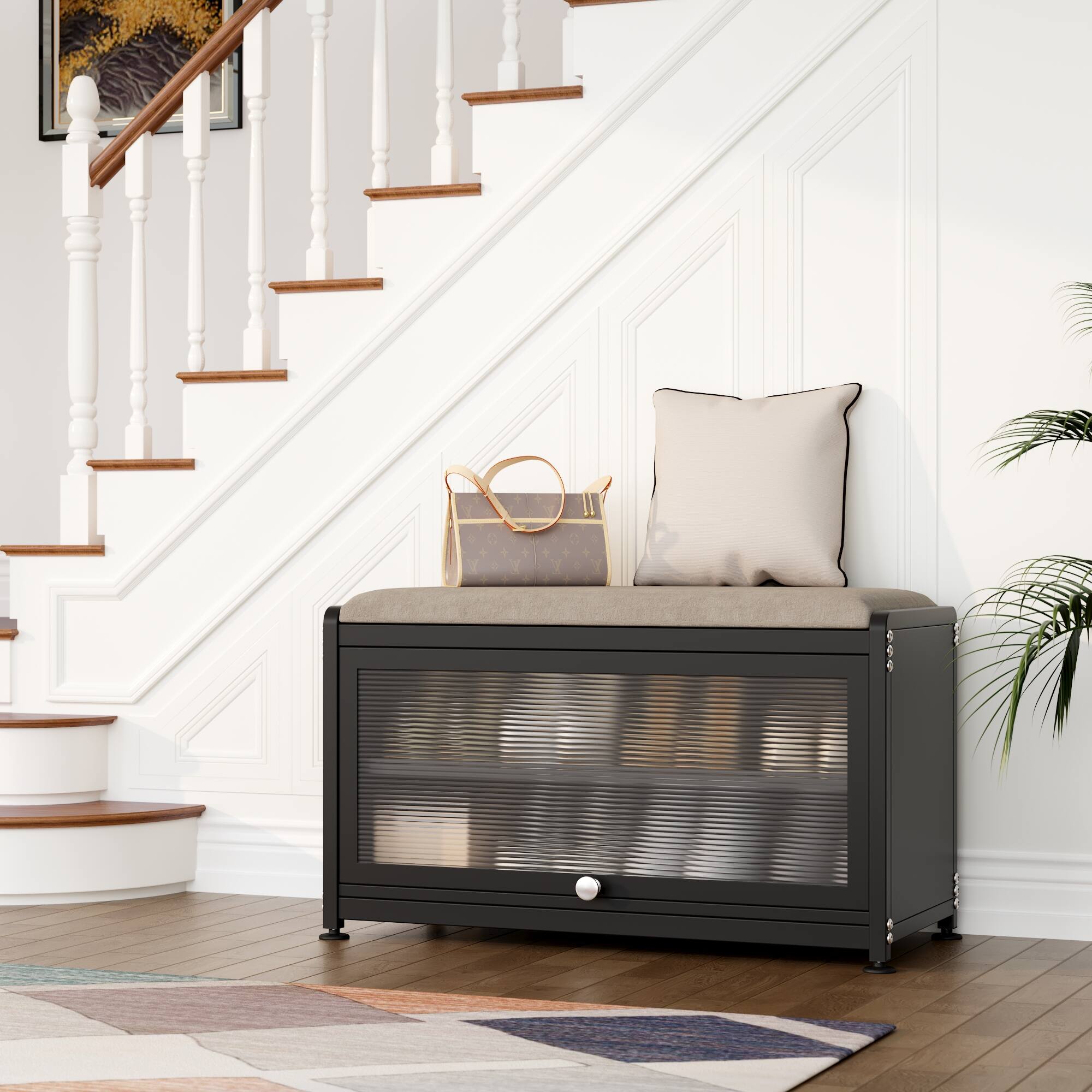 Alt View 3. Malletson - 3-Tier Shoe Storage Bench, Metal Shoe Rack with Removable Seat Cushion, for Entranceways, Hallways and Bedrooms - Black.