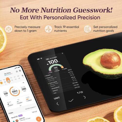No More Nutrition Guesswork!  
Eat With Personalized Precision  

Precisely measure down to 1 gram  
Track 19 essential nutrients  
Set personalized nutrition goals  

My Dairy  
Sa 1o  
Wed 15  
Tue 2 on 22  
22 21  
Goul 2000  
1500.0  
Kea 1200  

Real  
Carbs  
Fat  
Protein  

Nutrition Analysis  
300 kcal  
Intake  
Breakfast  
Apple 775 kcal  
+ 1 serving  
Avocado 100 kcal  
160 kcal  
19.0%  
20.76.0%  
9 5.0%  
14.7  
21 9 Protein  
0.0 g  
Total Fat  
8.5 g  
Saturated 6.7 g  
Trans Fat 0.0 g  
Total Carbs  
0.0 g  
Dietary Fiber 7.0 g  
Sugars 0.0 g  
Cholesterol 0.0 mg  
Sodium 0.0 mg  
T/O UNIT
