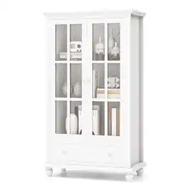 Costway - Bookcase Cabinet Storage Bookshelf Organizer Tempered Glass Doors Shelf Drawer - White
