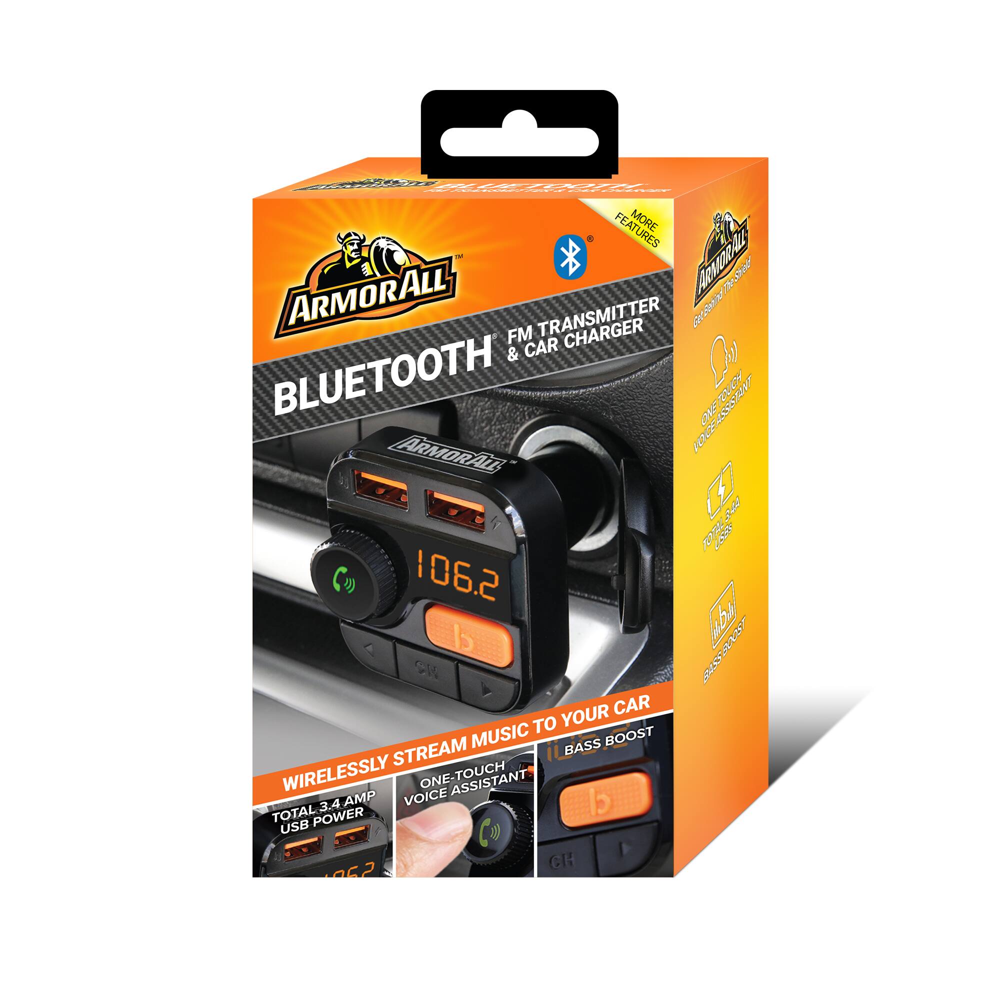 ARMORALL BLUETOOTH FM TRANSMITTER & CAR CHARGER

- MORE FEATURES
- ONE-TOUCH VOICE ASSISTANT
- WIRELESSLY STREAM MUSIC TO YOUR CAR
- BASS BOOST
- TOTAL 3.4 AMP USB POWER