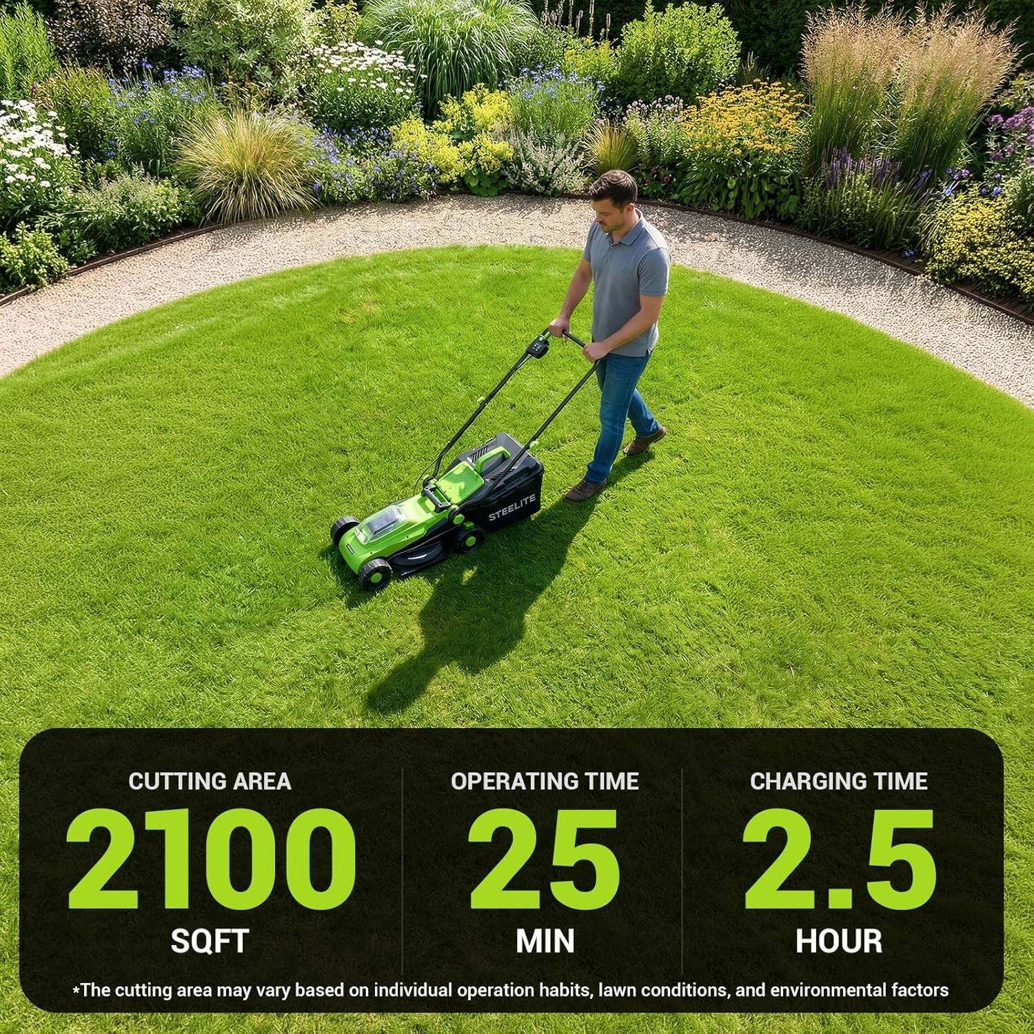 STRELITE CUTTING AREA  
2100 SQFT  

OPERATING TIME  
25 MIN  

CHARGING TIME  
2.5 HOUR  

*The cutting area may vary based on individual operation habits, lawn conditions, and environmental factors
