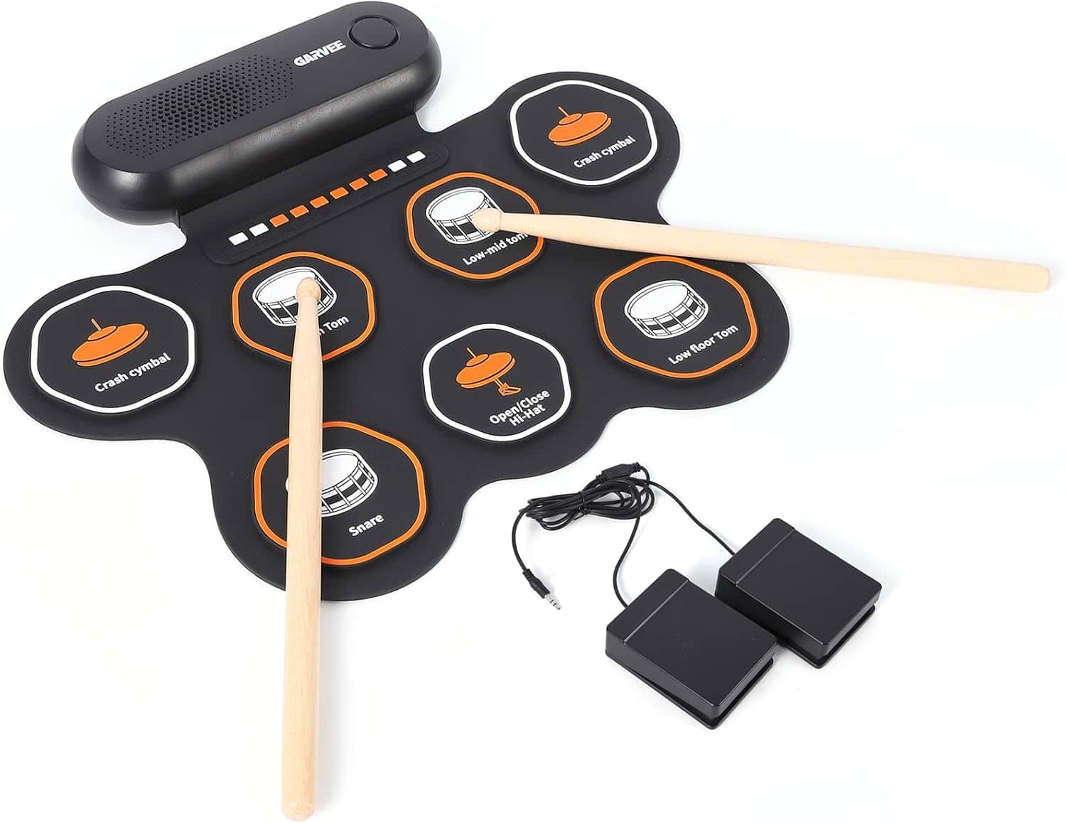 GARVEE - Portable Electronic Drum Set with 7 Roll-Up Pads, Built-In Speaker, Pedals & Sticks