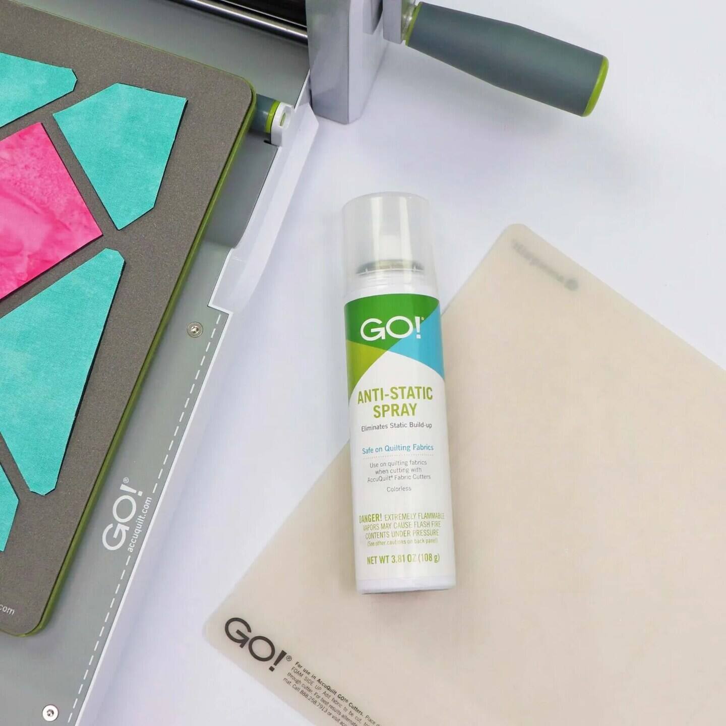 GO! ANTI-STATIC SPRAY

Simulates Static Build-up
Safe on Quilting Fabrics
Use on quilting fabrics when cutting with AcuQuilt® fabric cutters

DANGER! EXTREMELY FLAMMABLE
INHALATION HAZARD. MAY CAUSE FLASH FIRE. CONTENTS UNDER PRESSURE.

NET WT 3.81 OZ (108g)