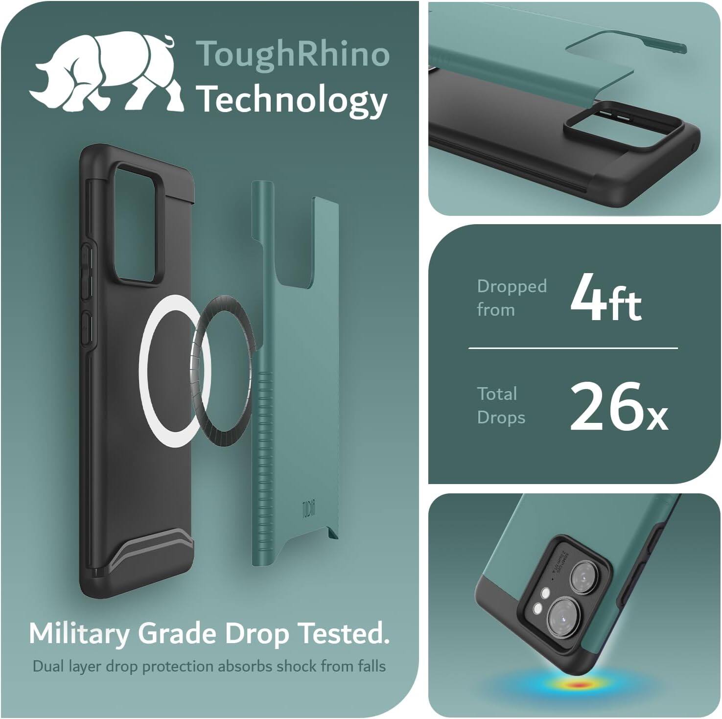 ToughRhino Technology

Dropped from 4ft  
Total Drops 26x

Military Grade Drop Tested.  
Dual layer drop protection absorbs shock from falls