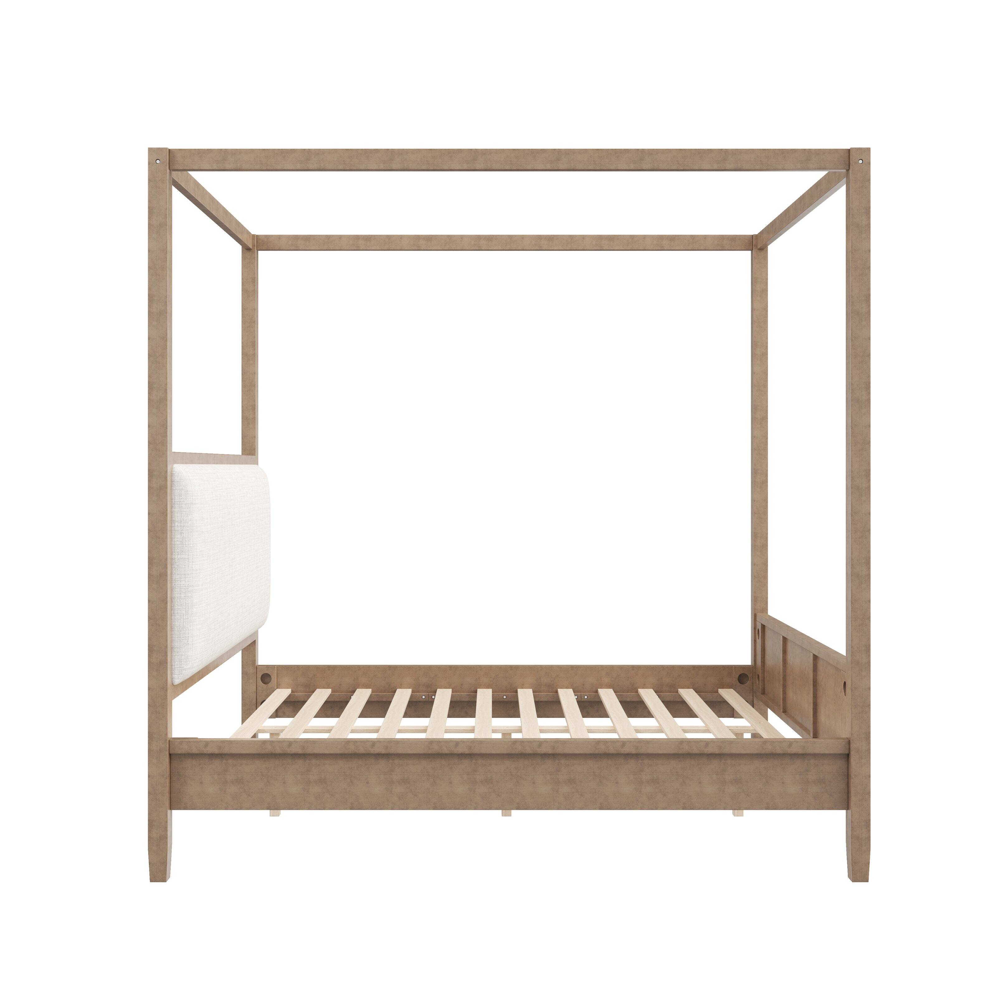 Alt View 2. Whisen - Queen size Wooden Canopy Platform bed with Upholstery Headboard for Bedroom, No Box Spring Needed - Natural Walnut.