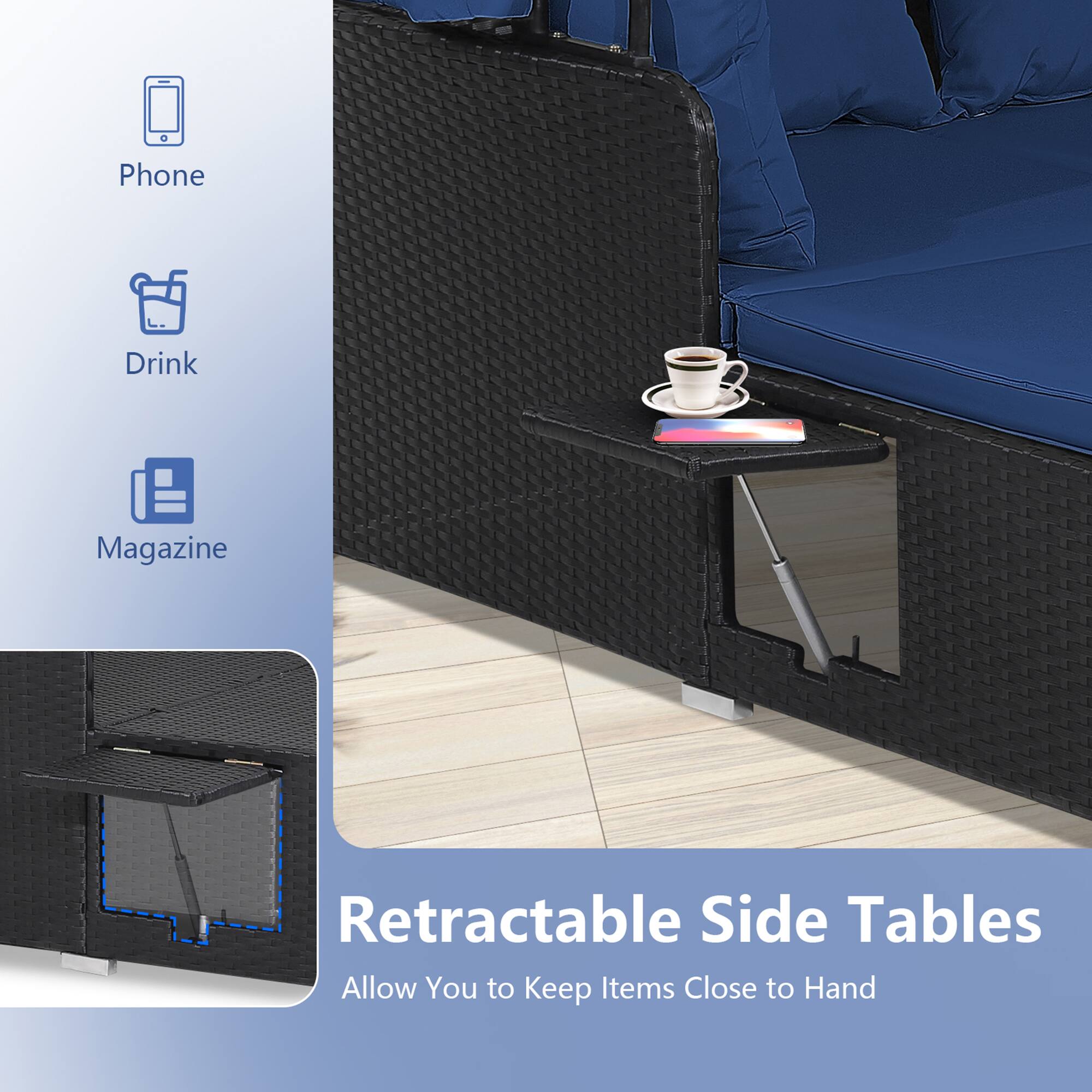 Phone  
Drink  
Magazine  

Retractable Side Tables  
Allow You to Keep Items Close to Hand